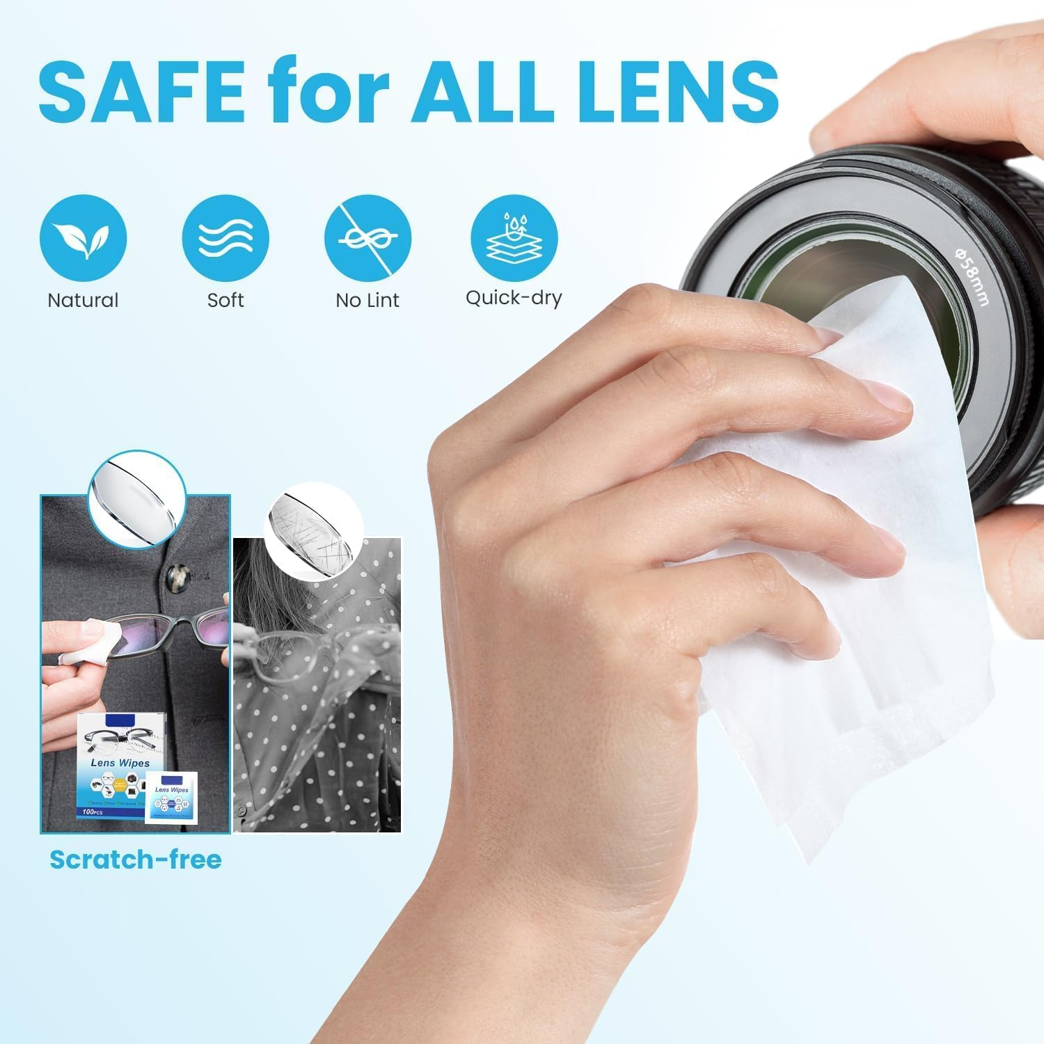 Lens Wipes, 100 Pack Pre- Lens Cleaning Wipes for Eyeglasses, Eyeglass Wipes Moistened Individually Wrapped Sracth-Free Eye Glasses Cleaner Wipes for Camera Lens,Sunglass, Goggles image number 1