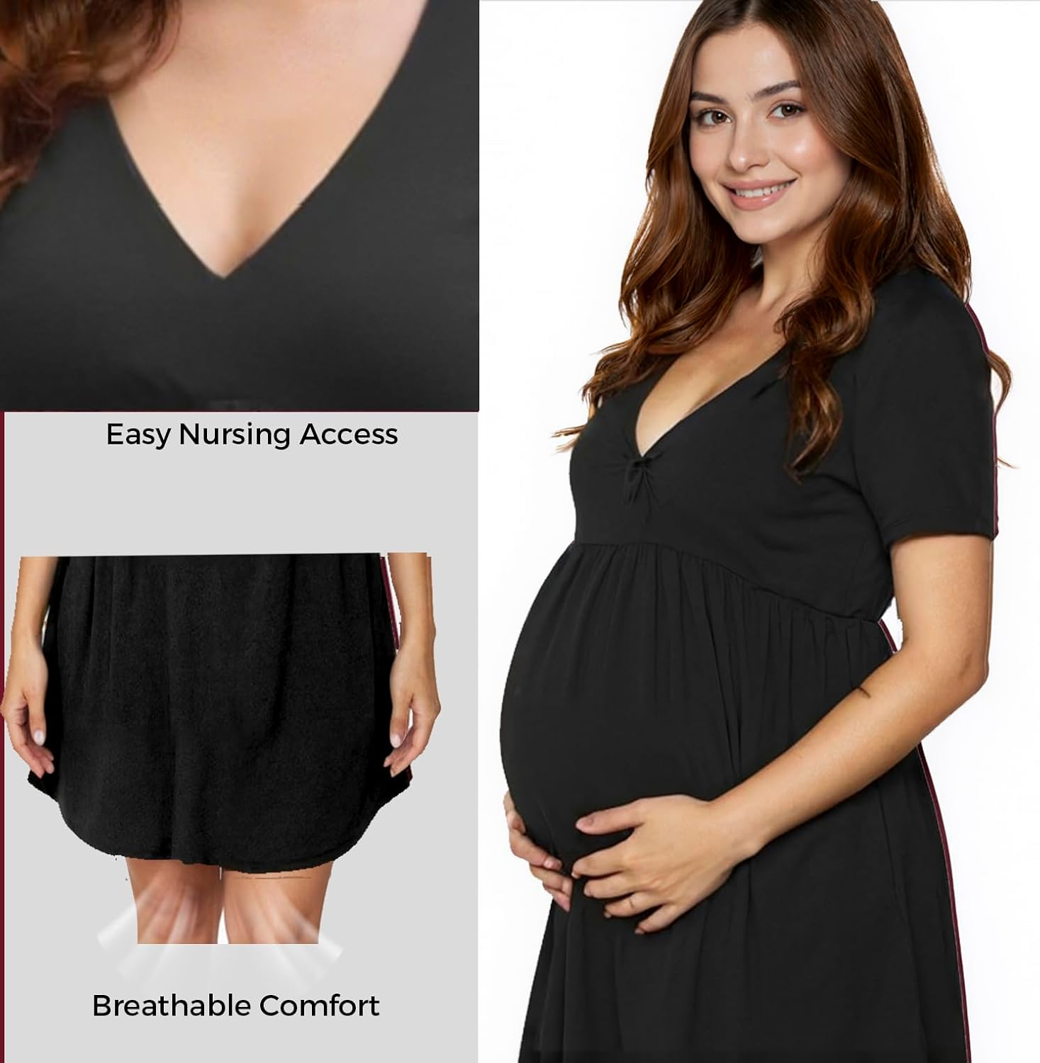 Summer Ladies, Maternity Casual Homewear V-Neck Short Sleeve Pajama Dresses image number 4