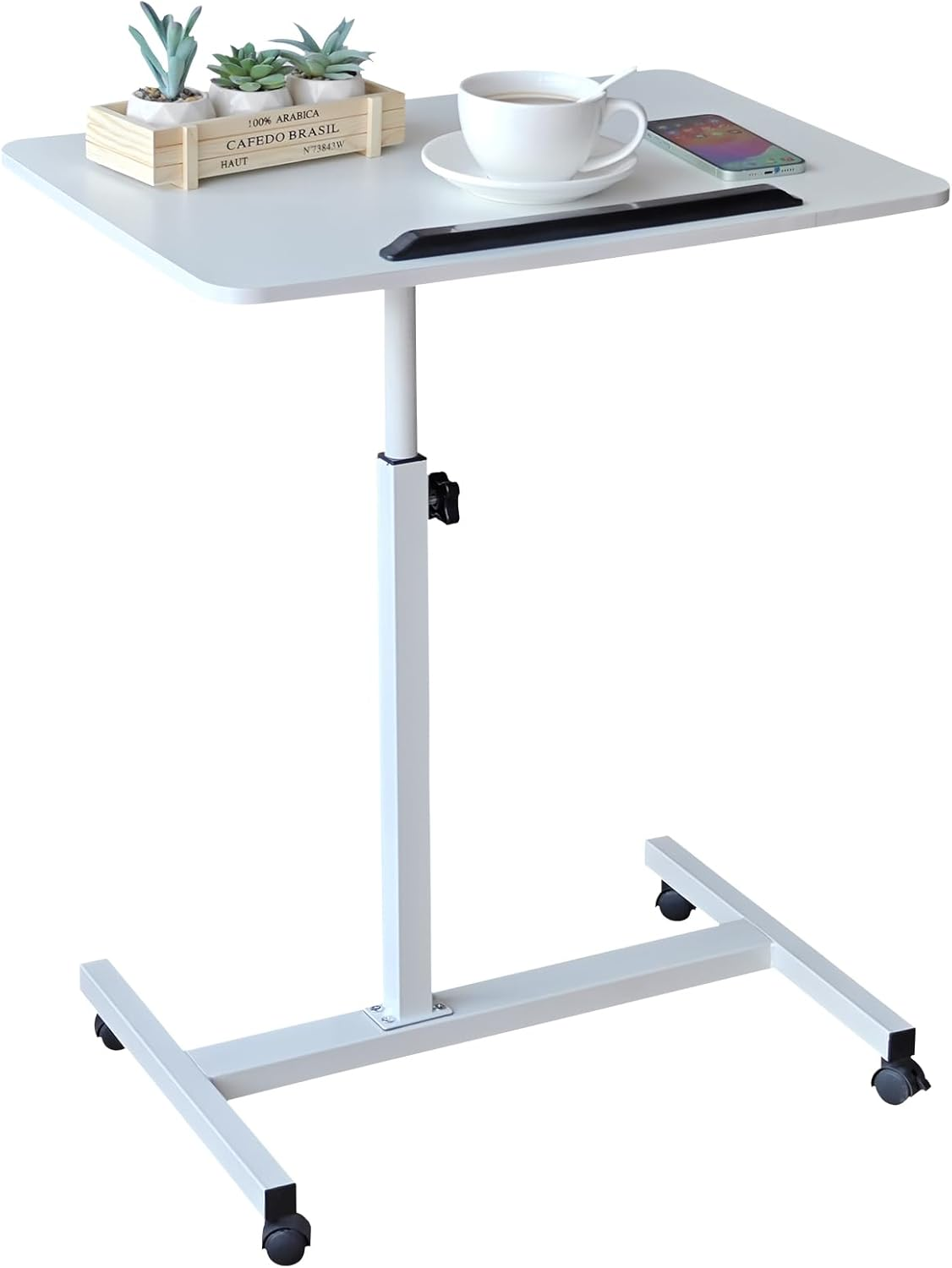 ONEIN Overbed Table with Wheels, Adjustable Laptop Table for Bed Couch Sofa, Portable Standing Desk for Home Office, C Shaped Small Study Table, Tiltable & Stable