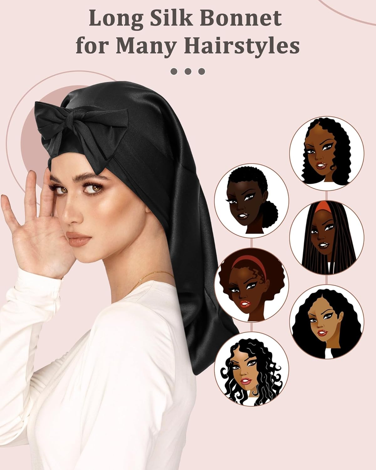 AWAYTR 100% Mulberry Silk Bonnet - Long Hair Cap for Sleeping Tie Band Bonnet for Braids Curly Hair - Brown image number 4