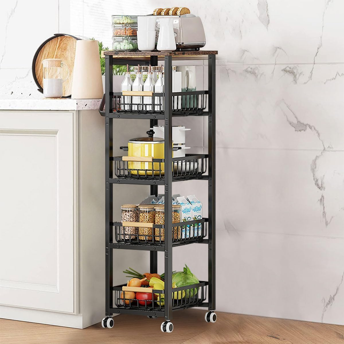 Kitchen Cart with Storage and Wheels, 5-Tier Metal Rolling Utility for Fruit and Vegetable Pantry, Potato Onion Basket for Kitchen, Bathroom (Retro) image number 3