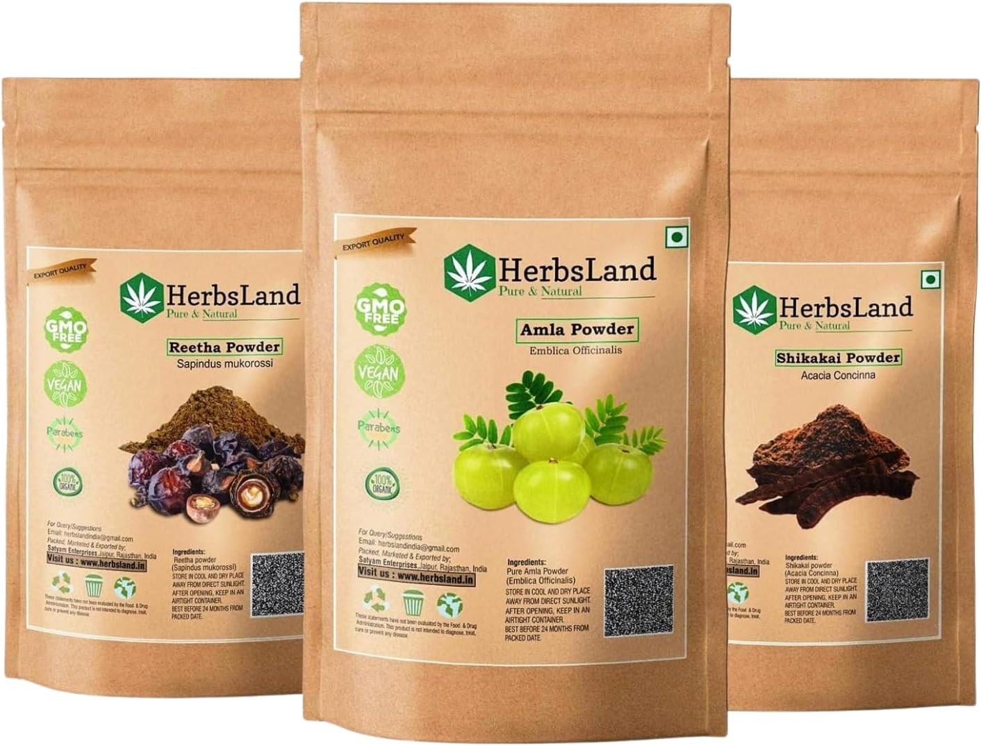 Herbsland&reg; Pure Bio Organic Amla Reetha Shikakai Powder for Face | Skin Care | Scalp with Anti-Dandruff Treatment | Hair Growth Natural Shampoo | Double Filtered for Shiny Hair (50 Gm Each) (150 Gm) image number 3