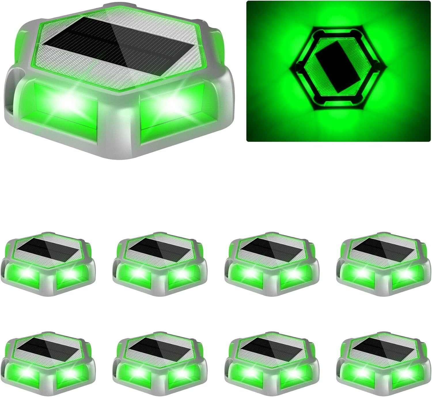 Solar Powered Driveway Lights, Green, Set of 8,Solar Dock Lights,Waterproof 800Mah Outdoor LED Aluminum Dock Lighting Warning for Driveway Sidewalk Garden Pathway Yard image number 3