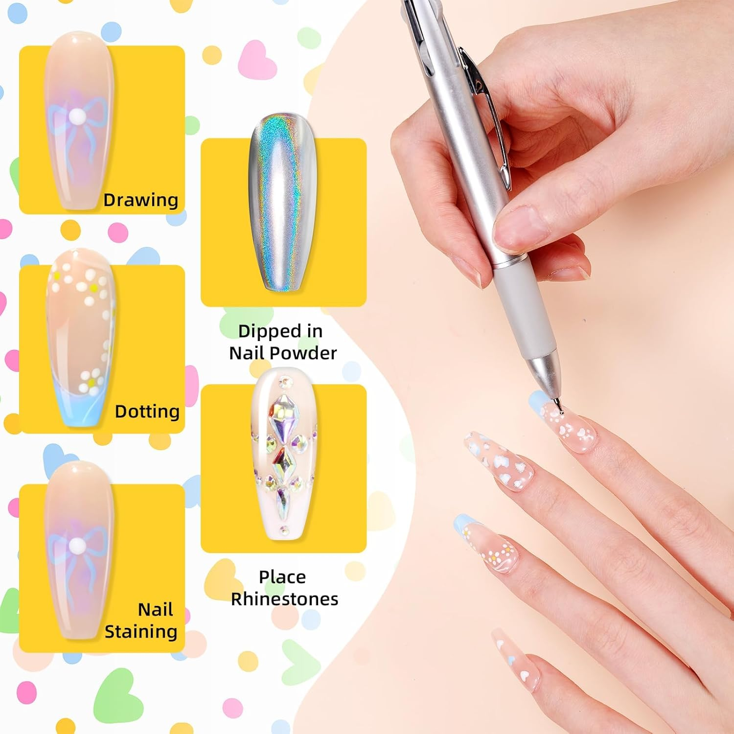 5 in 1 Nail Dotting Pen Nail Art Brushes,Gel Nail Polish Nail Art Dotting Tools Kit Include Nail Extension Gel Brush Nail Art Liner Brush Nail Dotting Pen for Diy Nail Art image number 4