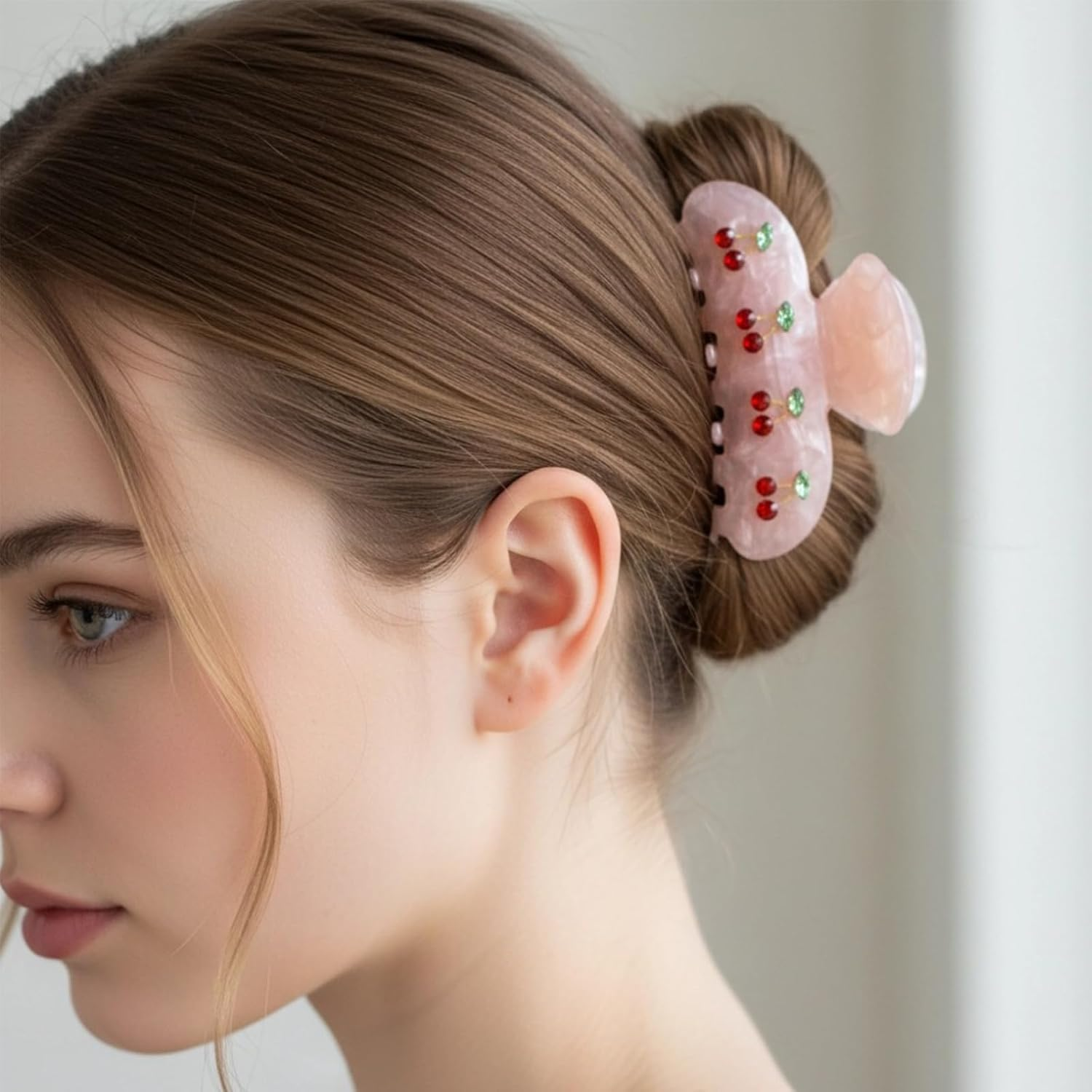 Set of 2 Hair Clips for Women, Hair Clip with Cherry, Hair Clips for Women, Acrylic Hair Clips Design with Rhinestones and Leaf Motifs for Medium Thick Medium Hair image number 3