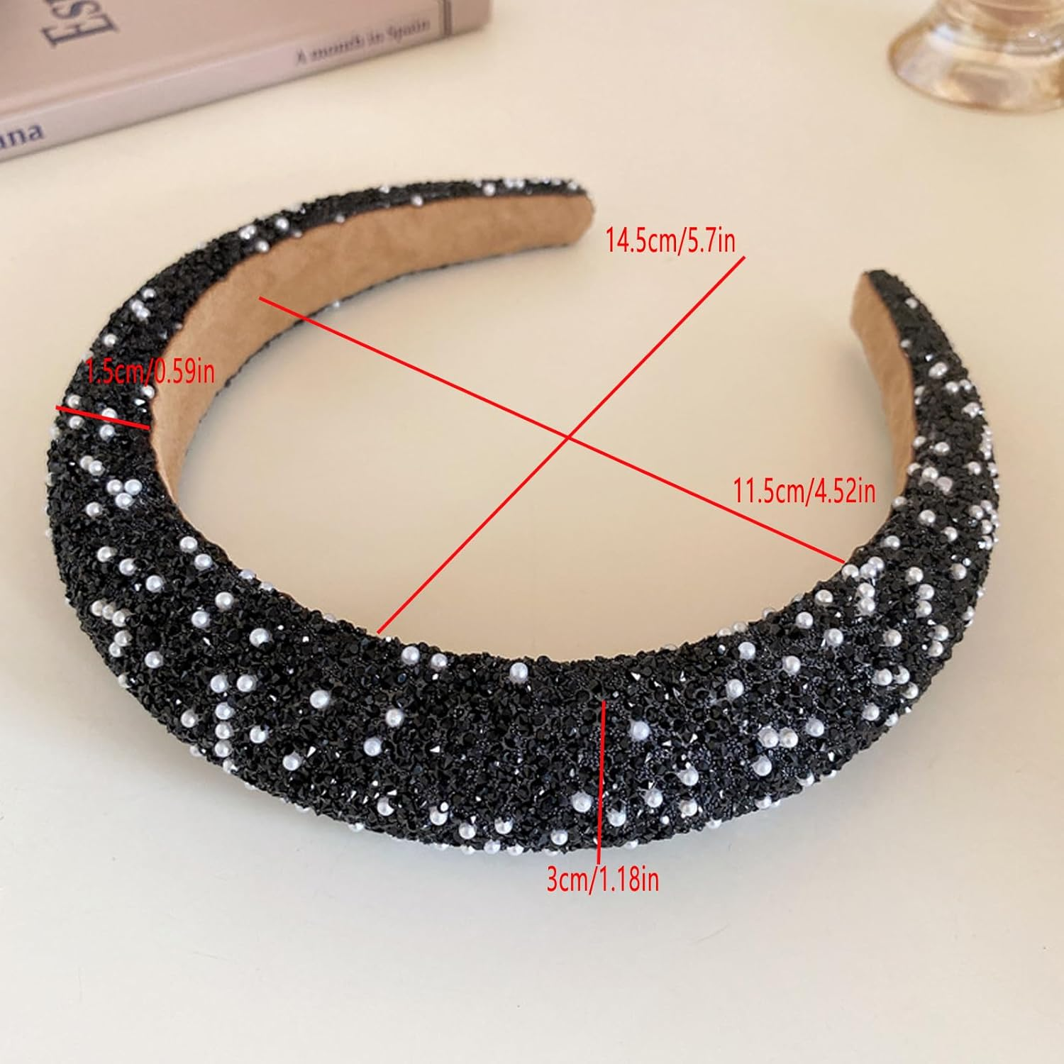 AWOCAN Rhinestone Headbands for Women Diamond Bling Rhinestone Wide Hairband Sparkle Beaded Crystal Headband Thick Padded Headband for Party Non Slip Glitter Hair Hoop (Black, L) - Black image number 4