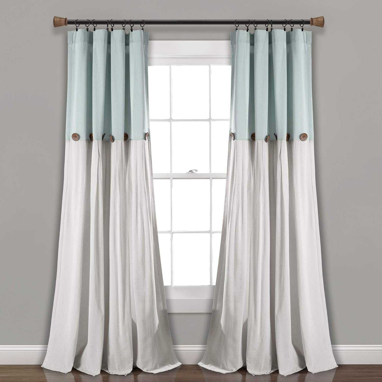 Lush Decor Linen Button Window Curtain Panel, Single, 40" W X 95" L, Blue & White - Country Curtains - Rustic Decor - Color Block Modern Farmhouse Curtains for Living Room, Bedroom & Dining Room image number 2