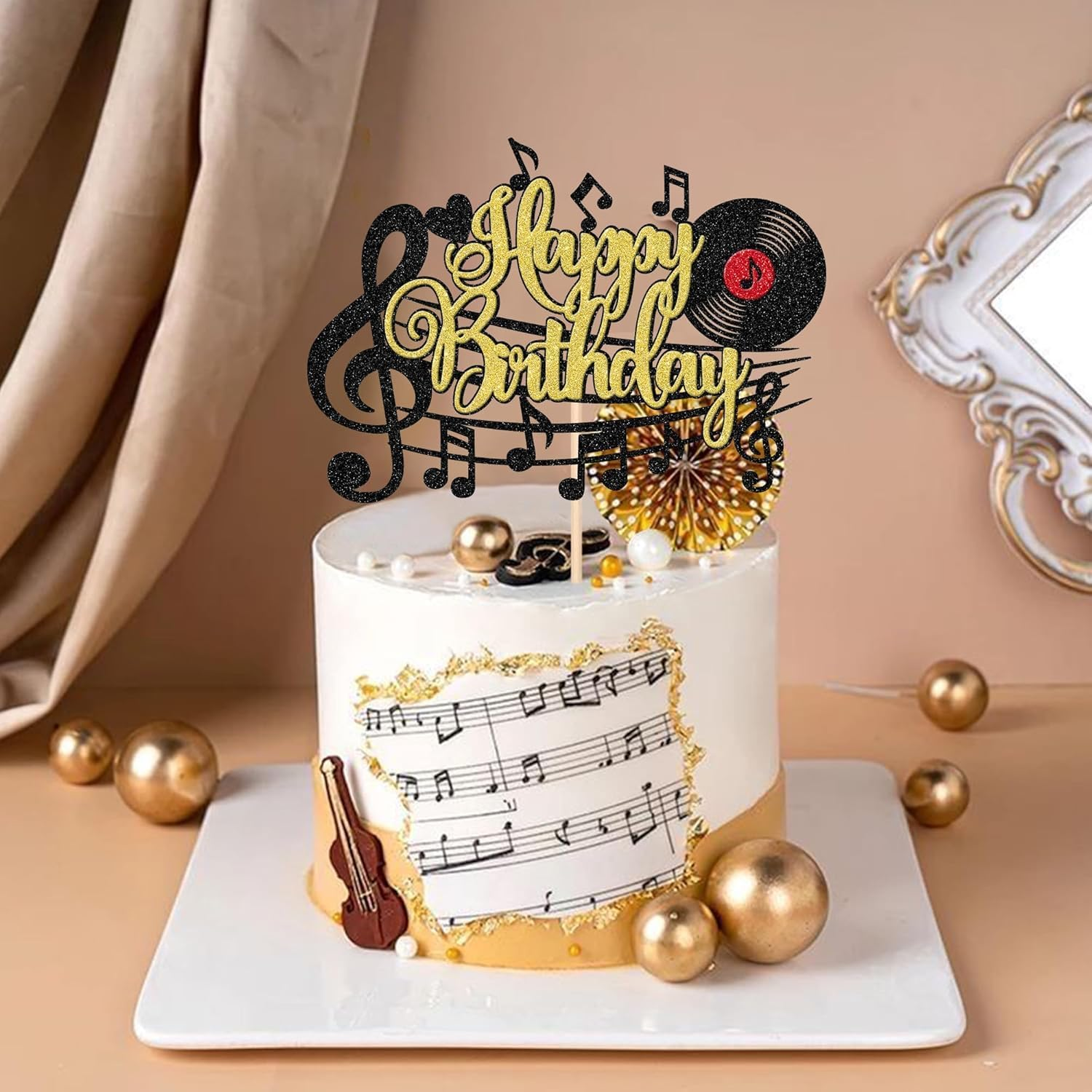 SYKYCTCY 1 Pack Music Happy Birthday Cake Topper Glitter Musical Symbol Note Microphone Lover Birthday Cake Pick for Music Concert Singer Theme Birthday Party Cake Decoration Supplies (#1) image number 2