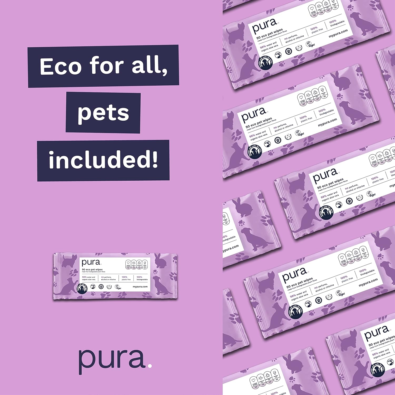 Pura Eco Pet Wipes for Dogs, Cats & Rabbits. 100% Plastic Free, 100% Biodegradable, Vegan. Great for Muddy Paws, Coats, Bottoms, Grooming & Cleaning Bulk Pack of 360 Wipes image number 6