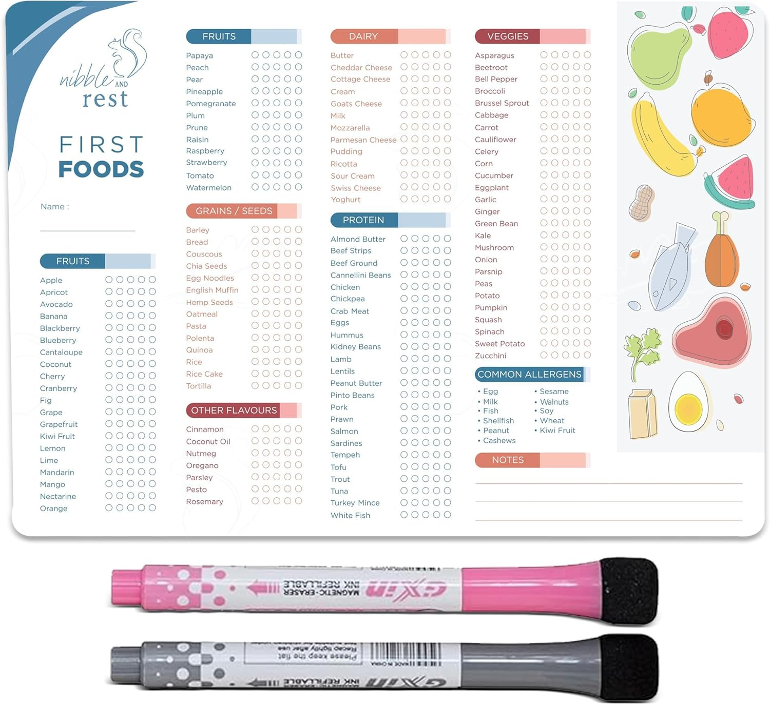 Nibble and Rest Baby'S First Foods Tracker Fridge Magnet, Dry Erase Activity Poster, Daily Food Log, 101 before One, Baby Food Chart/Checklist 25X35Cm image number 2