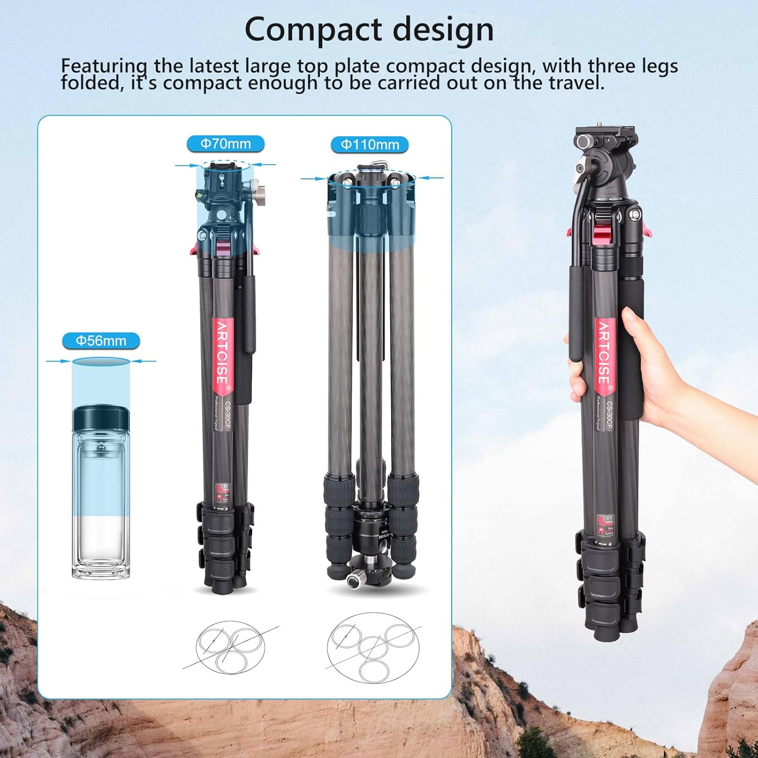 69.7" Lightweight Compact Carbon Fiber Tripod W/Detachable Monopod Video Head，Carbon Fiber Tripod, Lever Lock Professional Heavy Duty Camera Tripod Head image number 5