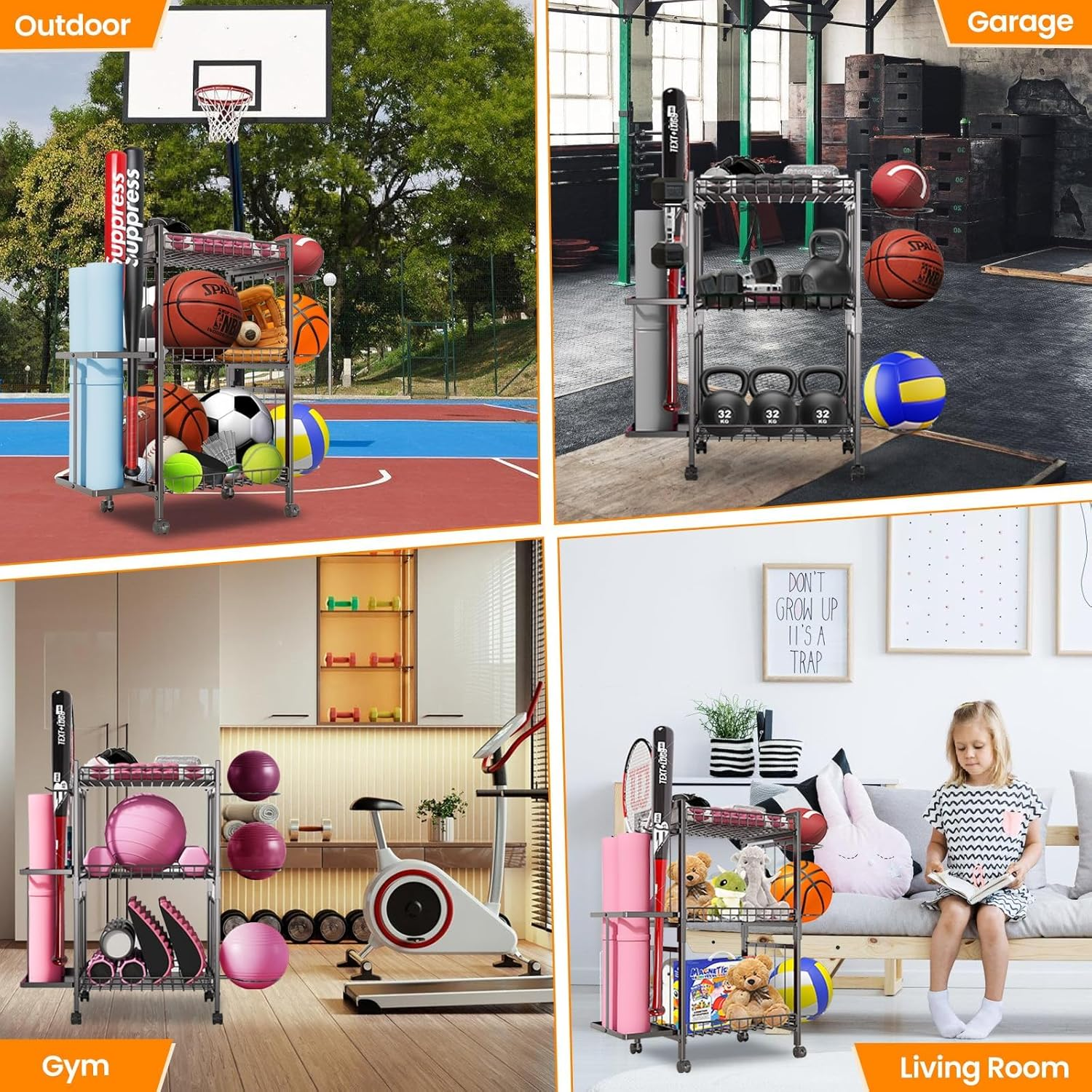 AILRINNI 3-Tier Yoga Rack - Large Capacity, Duty Home Gym, Large-Capacity Sturdy Yoga Mat Storage Rack, Waterproof & Rust-Resistant Fitness Rack, 360&deg; Swivel Wheels & Hooks, for Pilates/Home/Gym - Space-Saving image number 4