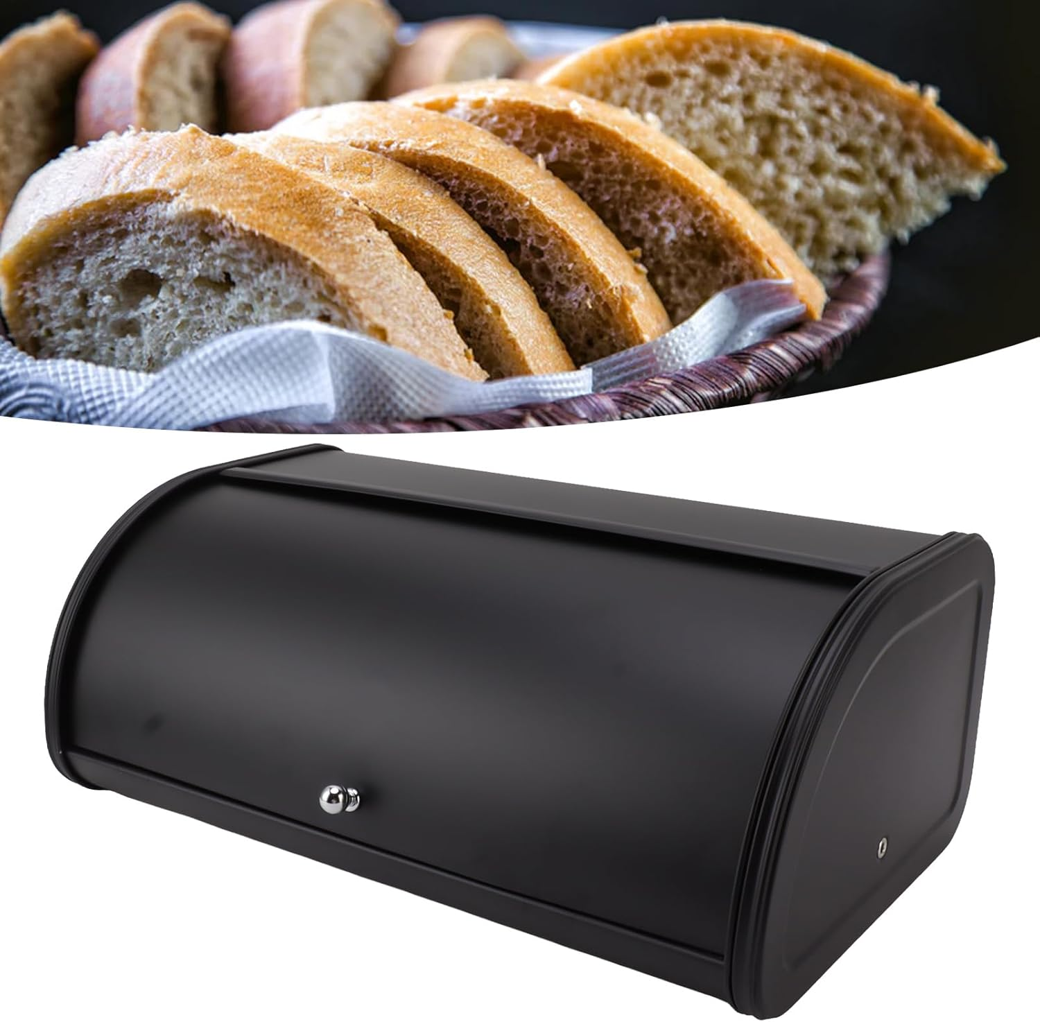 Ayayu Modern Industrial Minimalistic Black Metal Bread Box, Rectangular, 43.5 Cm (L) X 18 Cm (W) X 27 Cm (H), Roll up Lid, Bread Bin image number 1