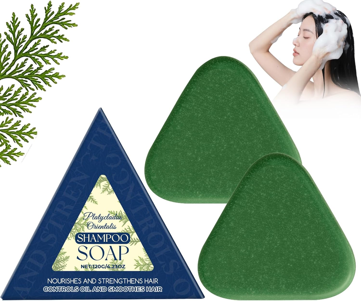 Nature Triangle Shampoo Bar, Natural Plant-Based Solid Shampoo, Triangle Green Shampoos Bar, Rich Lather & Long-Lasting, Gentle on Hair & Scalp, Travel-Friendly for All Hair Types, 120G (2Pcs)