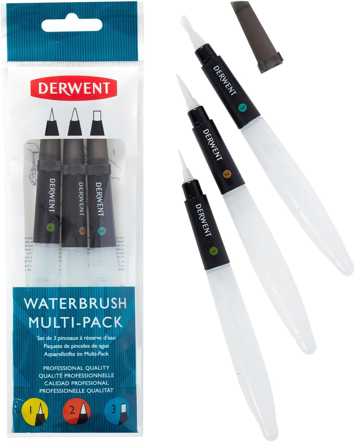 Derwent Waterbrush for Watercolour Painting, Pack of 3, Includes Chisel Tip, Fine Tip and Medium Tip, Professional Quality, 2301975 image number 2