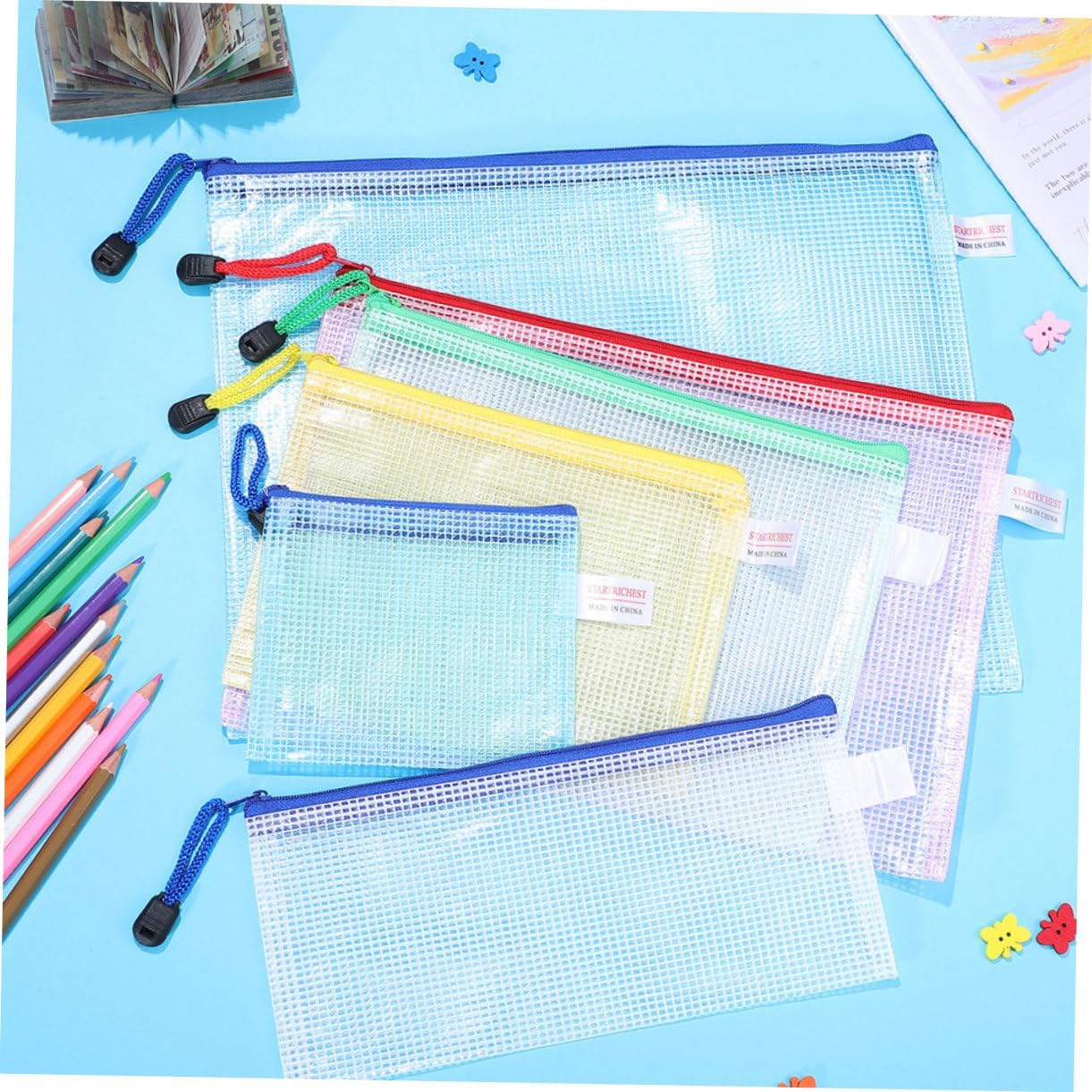 SOPOTUTU 16Pcs Mesh Zipper Pouches Document Storage Bags for Office Home Travel Capacity File Pouches for Organizing Papers Testing Materials More Random Colors image number 6