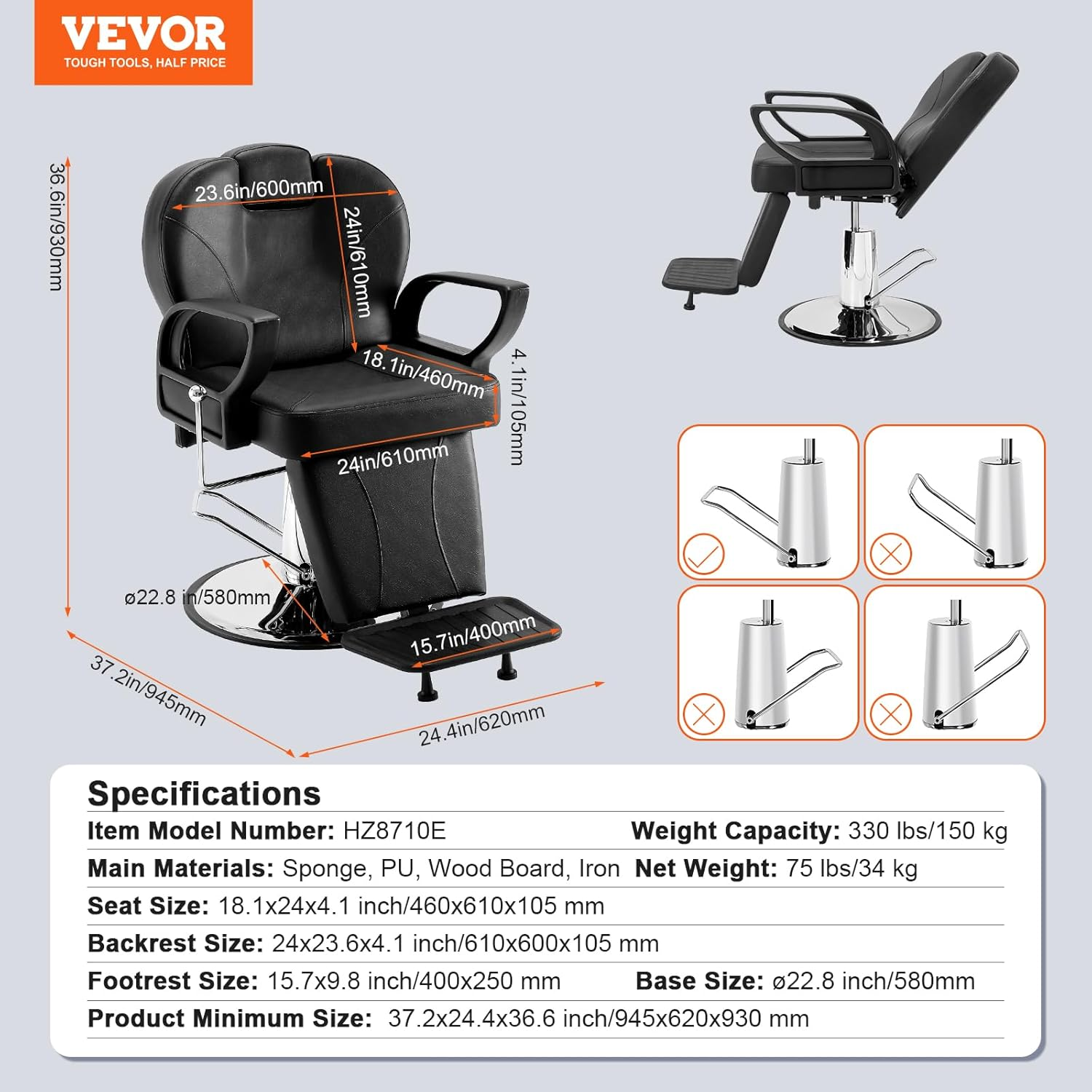 VEVOR Salon Chair, Hydraulic Recliner Barber Chair for Hair Stylist, 360 Degrees Swivel 90&deg;-130&deg; Reclining Salon Chair for Beauty Spa Shampoo, Max Load Weight 330 Lbs, Black image number 2