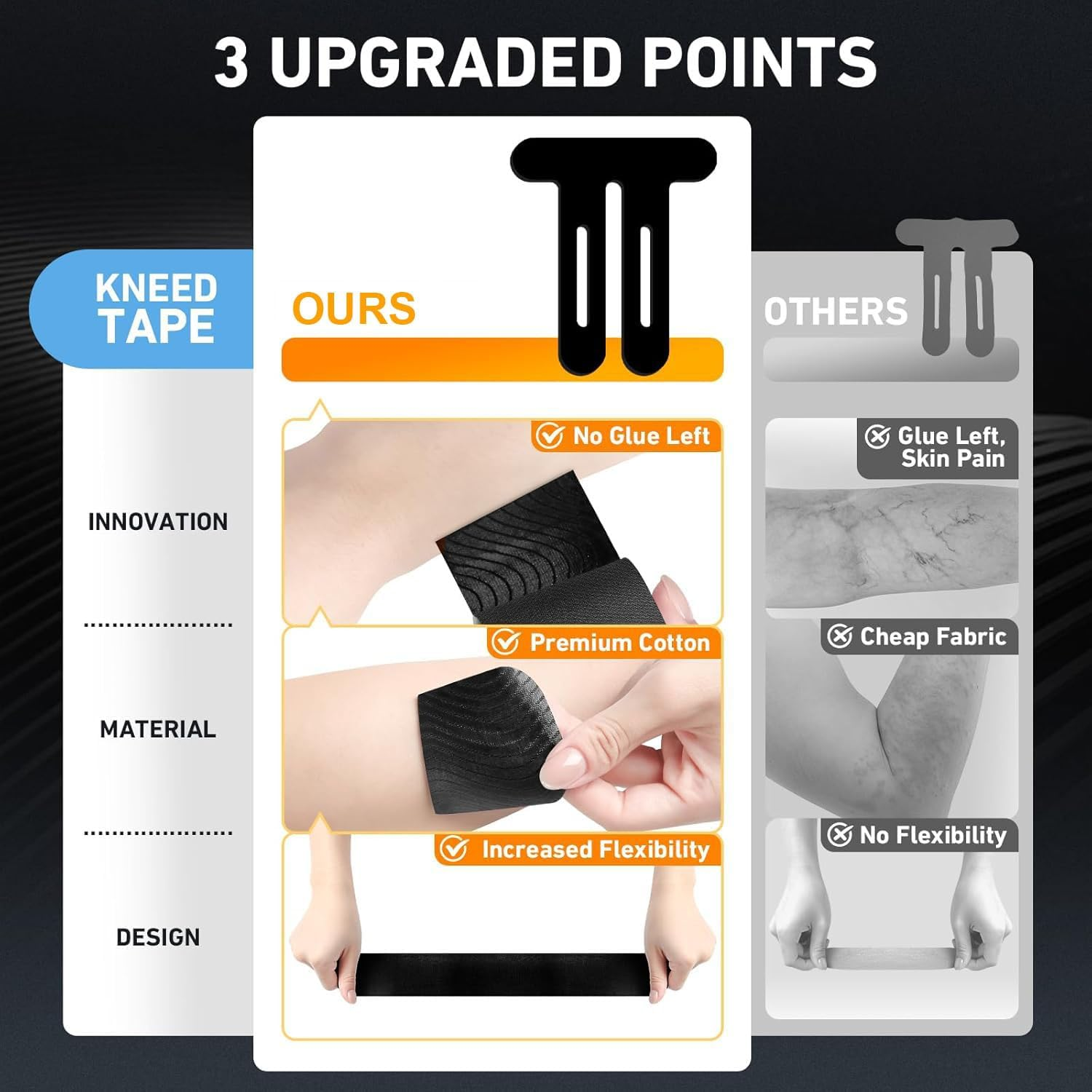 OWNKING 20 Pcs Upgraded Precut Kinesiology Tape for Knees, Elastic Sports Tape, Waterproof & Relief Athletic Tape for Knee Support & Stability, Breathable, Hypoallergenic, Extra Sticky, 25X22Cm image number 2