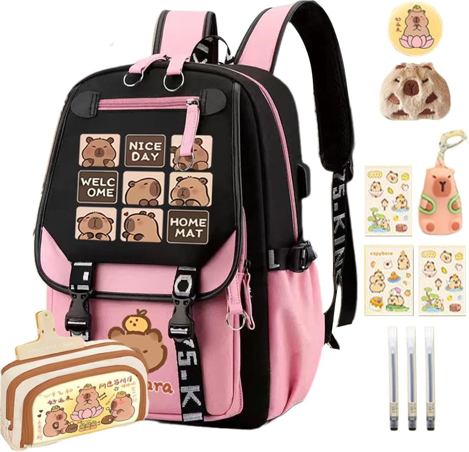 Cute Capybara Backpack, 18" Large Capacity School Backpack Cute Capybara Backpack, Capybara Daypack for Girls Teens Students Causal Rucksack with Pencil Case Badge Pen Keychain Sticker Plush Pendant image number 5