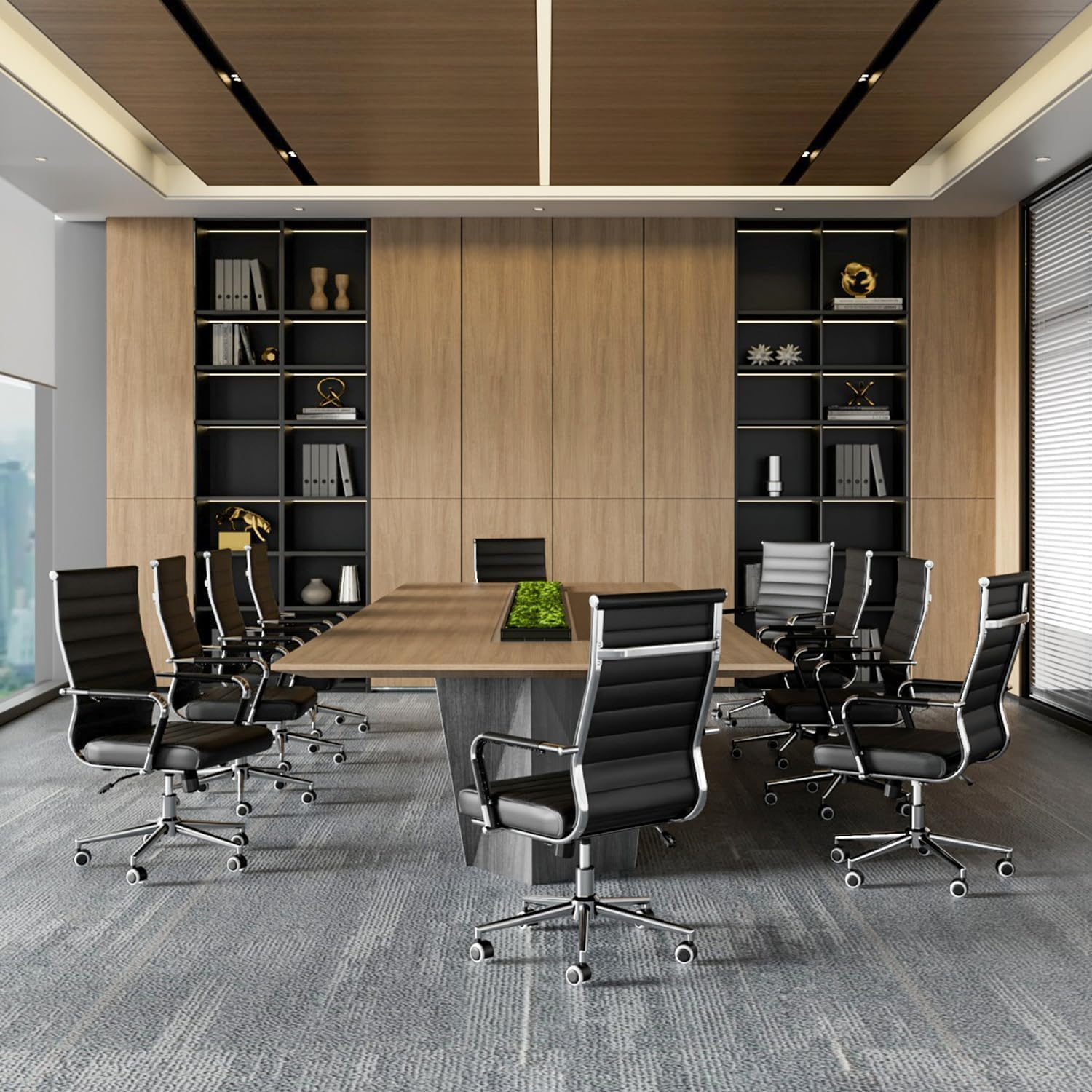 Ergonomic Office Desk Chair, Leather Modern Conference Room Chairs, Executive Ribbed Height Adjustable Swivel Rolling Chair for Home Office (Black)