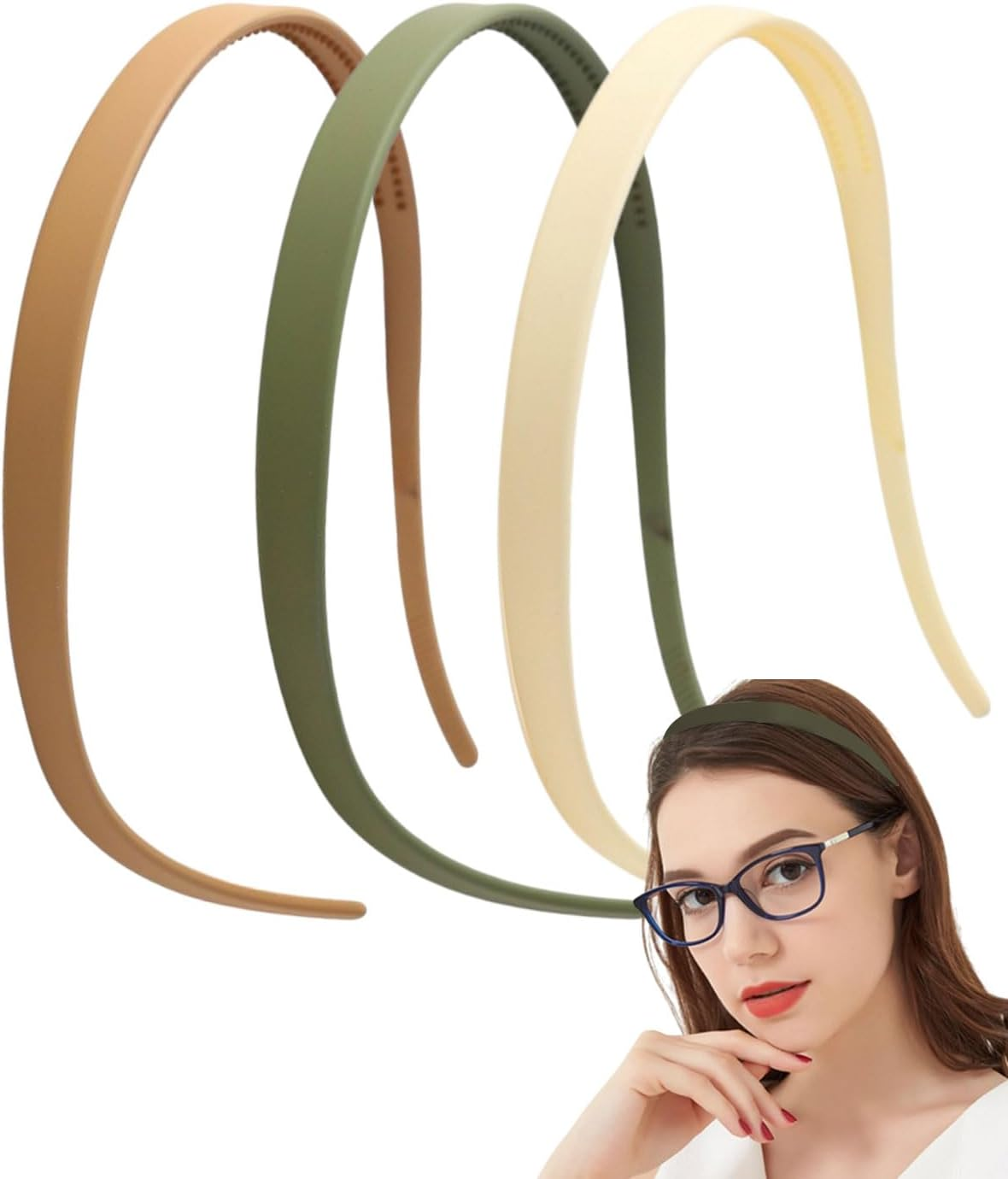TPZORJX 3 Pieces Serrated Headband, One Piece Thin Women'S Headband, Matte Finish, Non-Slip, Perfect for Glasses and Daily Use (White, Light Curry, Green) image number 4