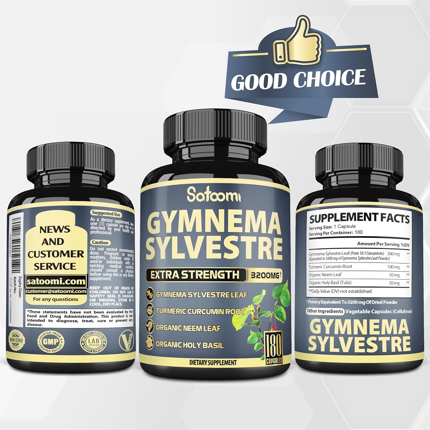SATOOMI Gymnema Sylvestre Extract Capsules -    - 4 Herbs - Blended with Turmeric Curcumin & Neem Leaf, Holy Basil - 1 Pack 180 Vegan Capsules image number 1