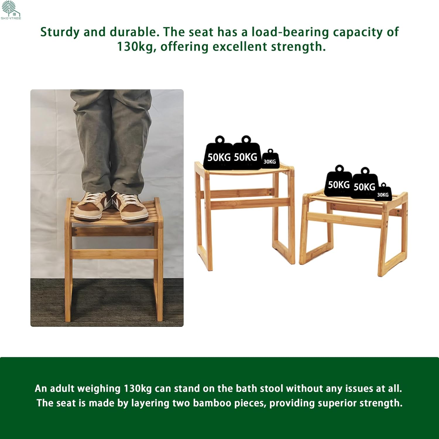 Bamboo Shower Stool with Waterproof Treatment, No Mold, Portable Shower Chair with Non-Slip Feet, Sturdy and Durable Wooden Stool, Rectangular Bathroom Stool. (38X30X42 Cm) image number 1