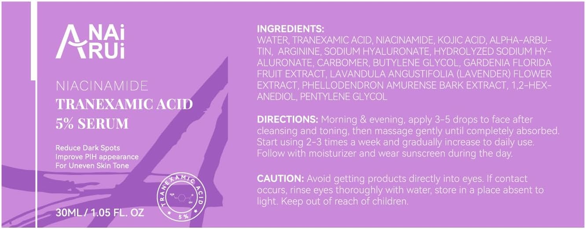 ANAI RUI 5% Tranexamic Acid Serum with Niacinamide, Kojic Acid, Arbutin, Reduce Dark Spot, PIH, for Uneven Skin Tone 1Fl.Oz image number 1