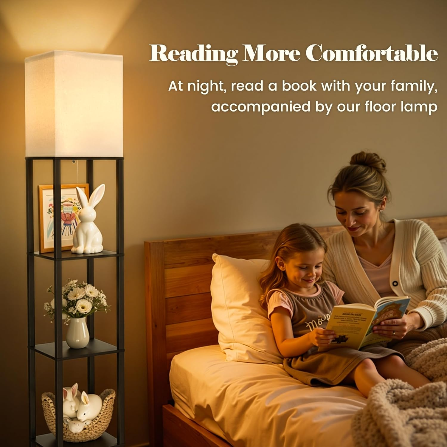 Floor Lamp with Shelves, Modern Square Shelf Lamp with 3 Color Temperature Bulb, Corner Storage Display Bookshelf Standing Floor Lamp for Living Room Bedroom Office-4 Layer image number 4