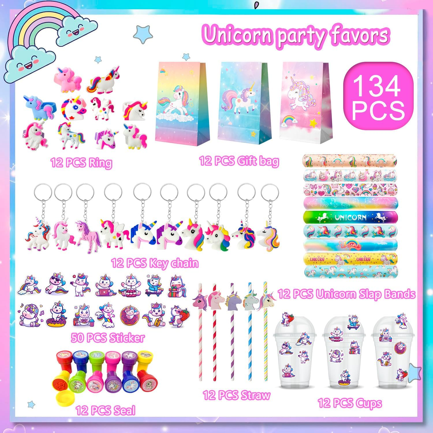 Unicorn Party Favors for Girls,134Pcs Unicorn Birthday Party Favors Set - Unicorn Goodie Bags & Unicorn Slap Bracelet & Unicorn Stickers Keychain Stampers Rings Etc Unicorn Themed Party Favors image number 1