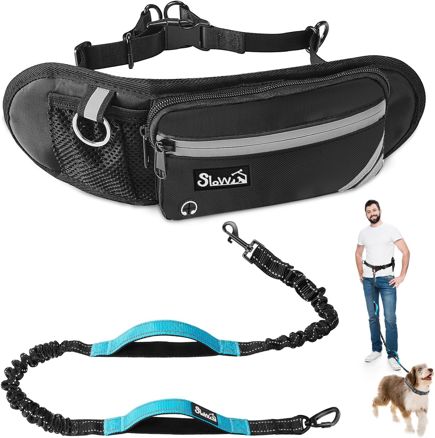AUTOWT Retractable Hands Free Dog Leash with Pouch, Adjustable Waist Belt Fanny Pack, Reflective Stitching Leash for Running Walking Hiking Jogging Biking (Blue, L) image number 5
