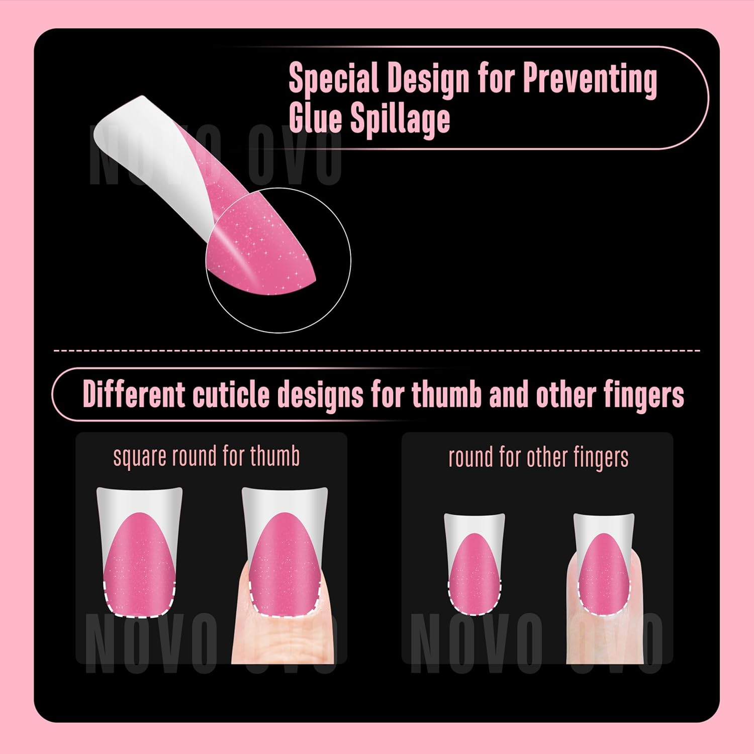NOVO OVO Short Duck Nail Tips French Tip Press on ROSE PINK with Glitter, Pre-Designed Soft Gel Nail Extension, Pre-Applied Tip Base Coat, Full Cover Acrylic False Nails for DIY X 12 Sizes 240 Pcs - Nail Tips For Men Short Square Round 320_Eu image number 6