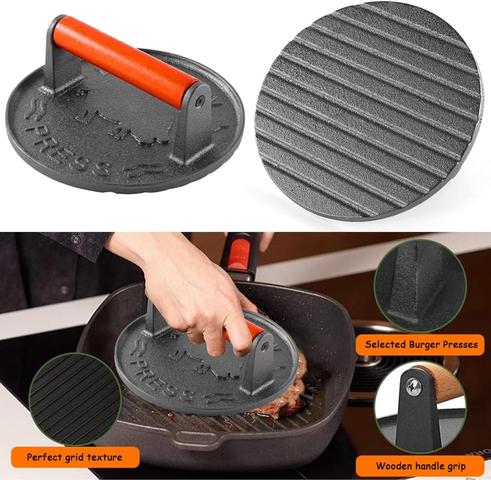 Meat Press and Burger Smasher with Black Wood Handle - Perfect for Griddle Cooking, Steak, and Sandwiches image number 2