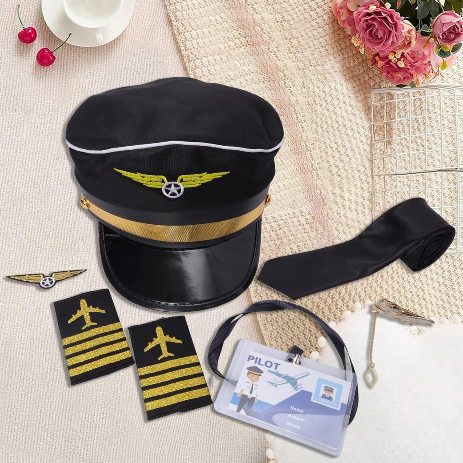 Airline Pilot Captain Hat Kit Pilot Costume Accessories Set for Men Adults Tie Wings Patch Halloween Cosplay Supplies image number 1
