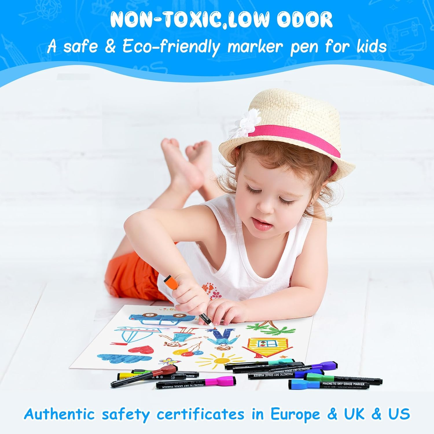 Maxtek Whiteboard Pens Magentic, Fine Tip Dry Wipe Pens, Assorted Colours, White Board Markers Erasable with Eraser, Low Odour Thin Whiteboard Pens image number 1