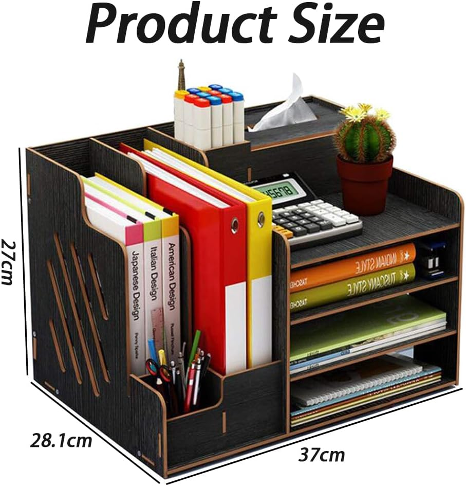 TOMVAES Wooden Desk Organizer with 3 Trays, File and Paper Organizer, Office Supplies Tray and Pen Holder for School Home (Black) image number 6
