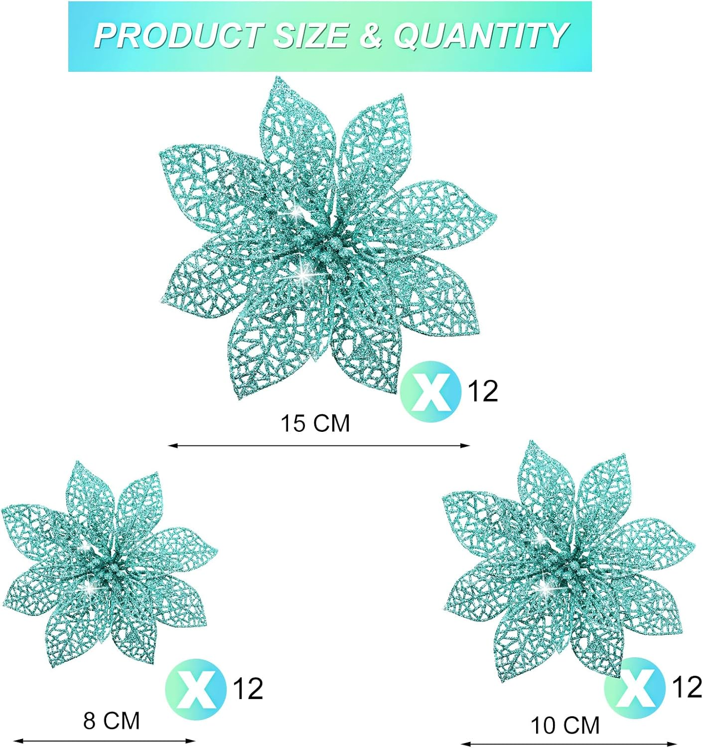 WILLBOND 36 Pieces Christmas Poinsettia Flowers Artificial Ornaments Glitter Christmas Decorations Tree Wedding New Year(Blue-Green) image number 4