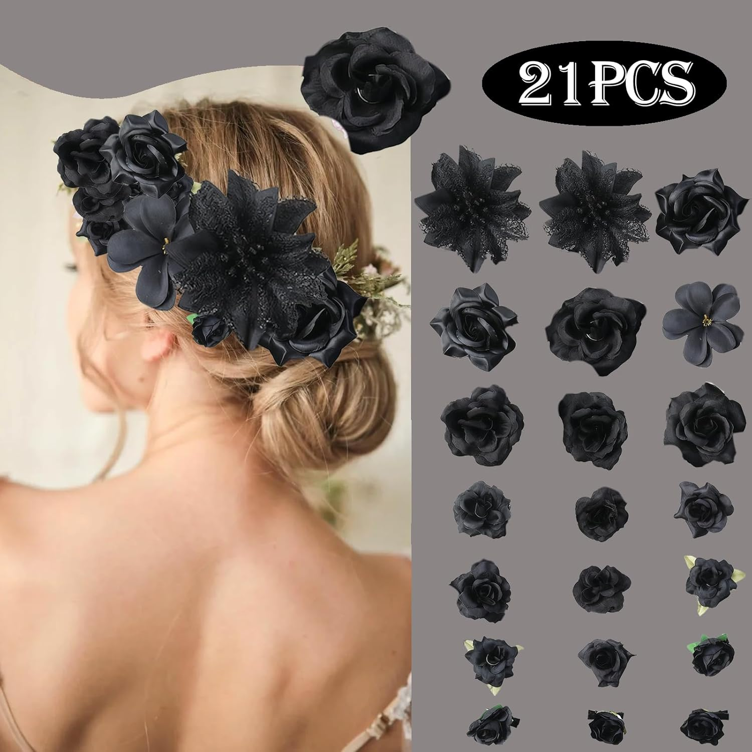 Flower Hair Clip, Pack of 21 Black Flower Hair Clips, Artificial Flower Hair Clips, Flower Hair Accessories for Party, Beach, Wedding, Event Decoration image number 4