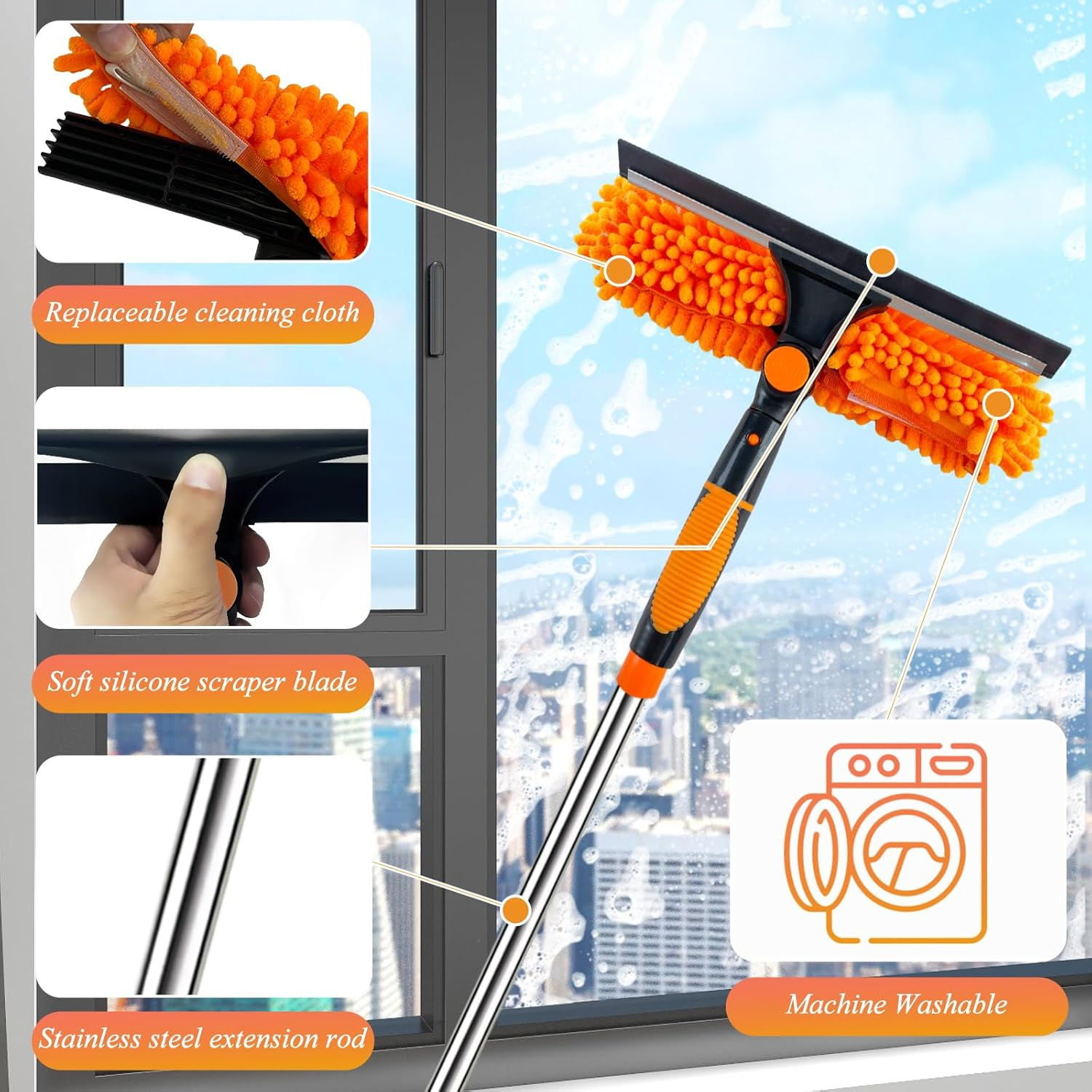 3-In-1 Window Cleaner with Telescopic Rod, Telescopic Window Wiper 3M, Long Handle Window Cleaner Set with Silicone Window Squeegee and Microfibre Cloth Brushes, Window Cleaning Set for Glass, Mirror image number 6