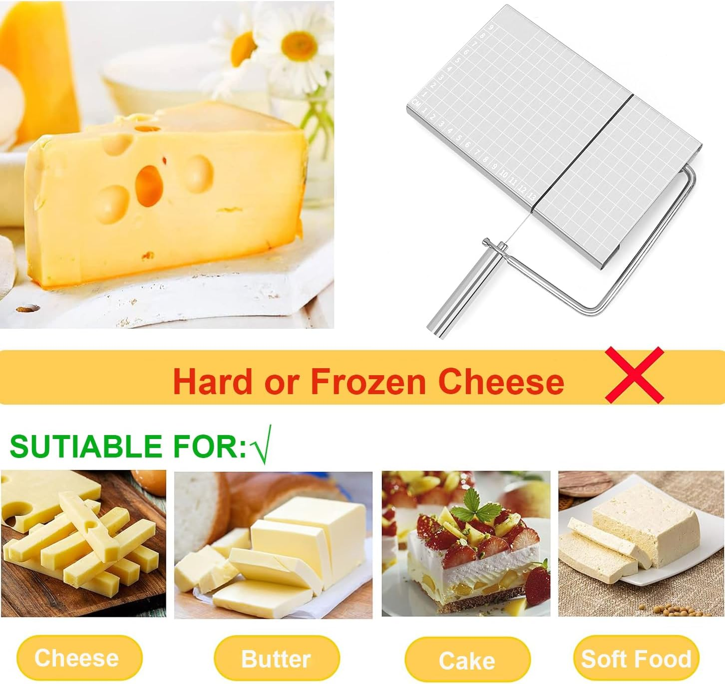 Cheese Slicer, Cheese Cutter with Measuring Grids, Household Stainless Steel Cheese Ham Butter Cutter,Equipped with 5 Replaceable Cheese Slicer Wires & 30Pcs Blotting Paper image number 2