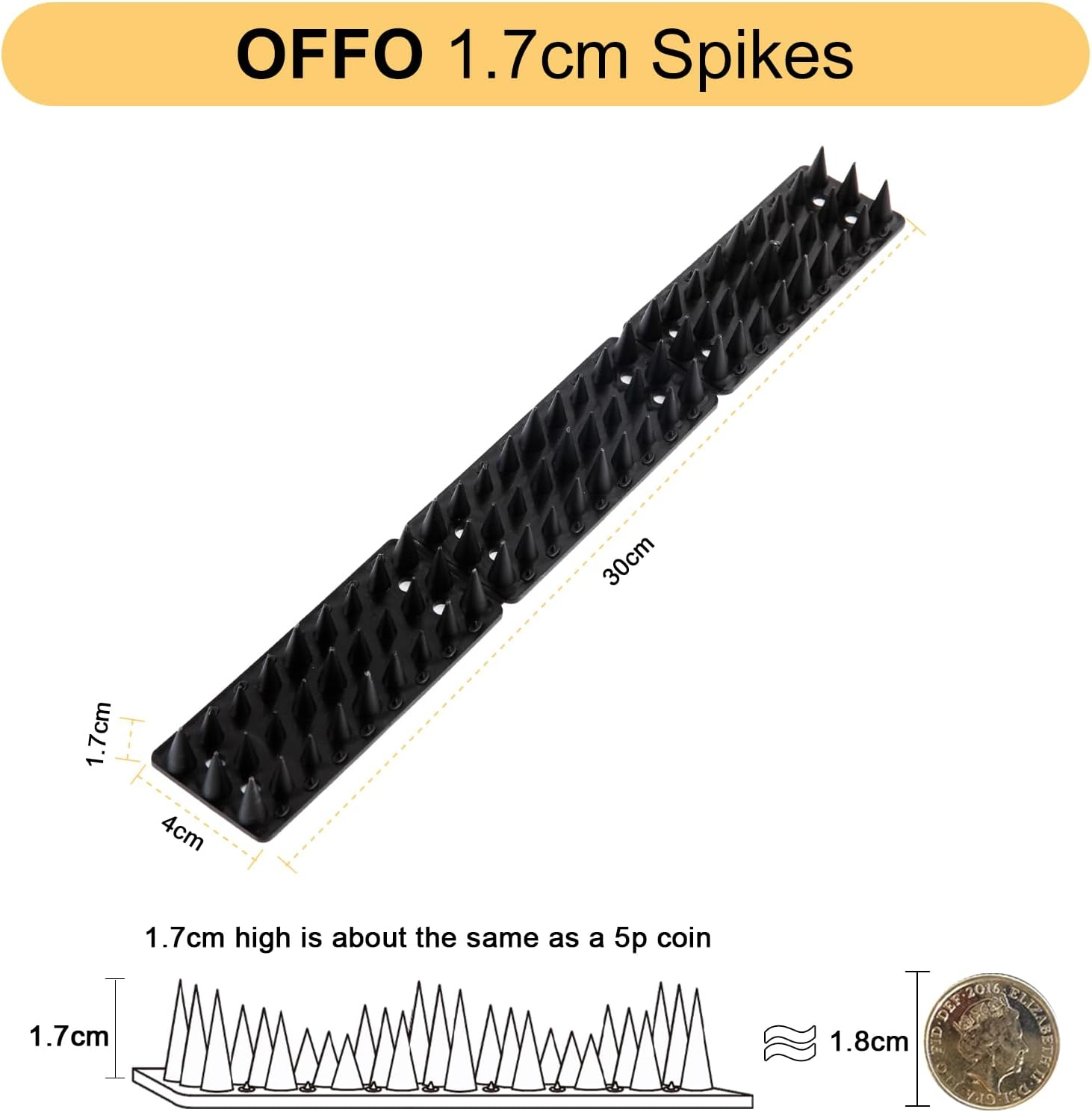 OFFO Bird Spikes,Pigeon Spikes for Pigeon Deterrent to Keep Bird or Cat Animals Away, Fence Wall Spikes of Bird Deterrent Covers 7.5M,Height 1.7Cm,Black image number 5