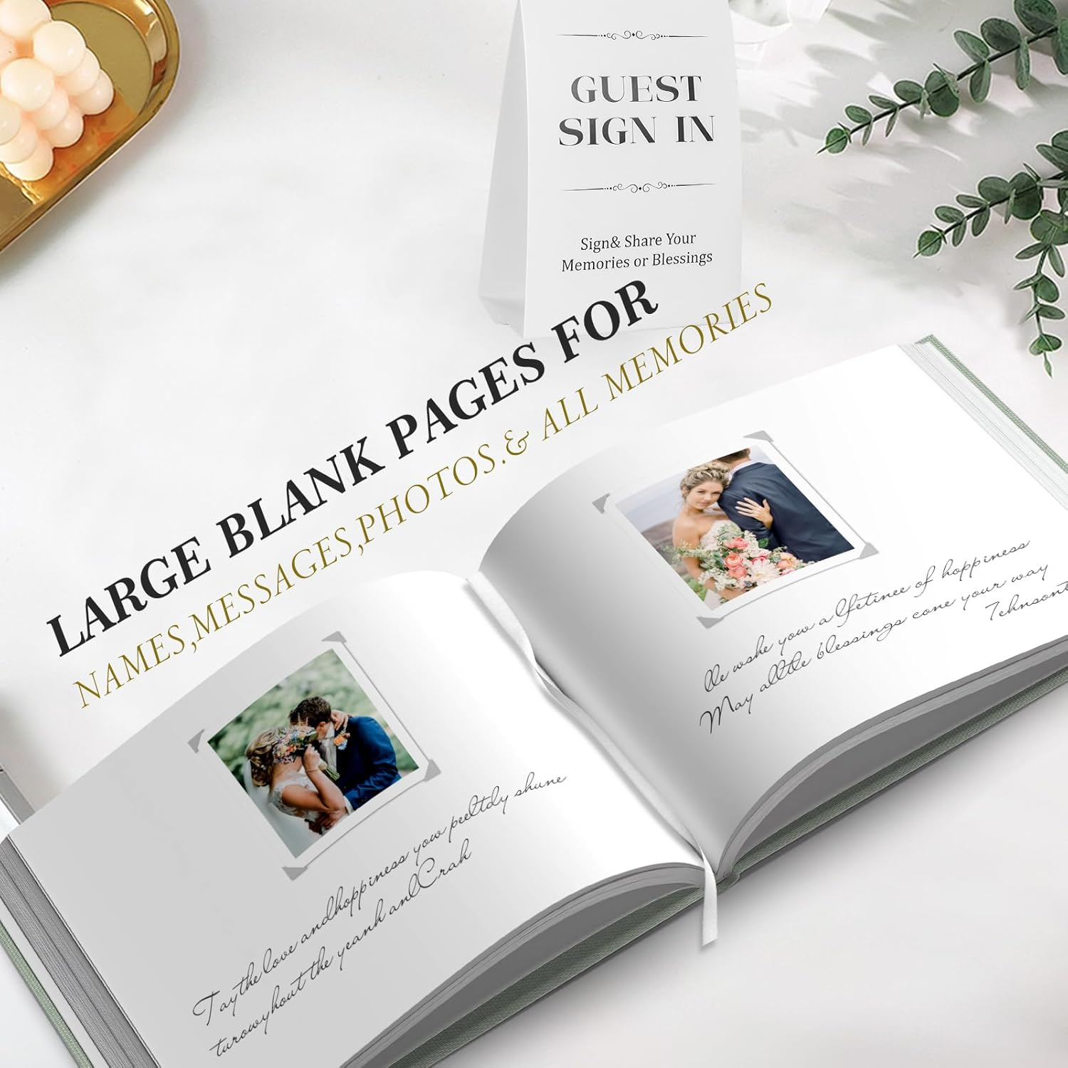 Wedding Guest Book for Memorial Service with 216 Photo Corners Stickers, Linen Guestbook to Sign at Bridal Shower or Wedding Reception Party,100 Pages, Blank Thick Paper Books for Baby Shower- Sage image number 5