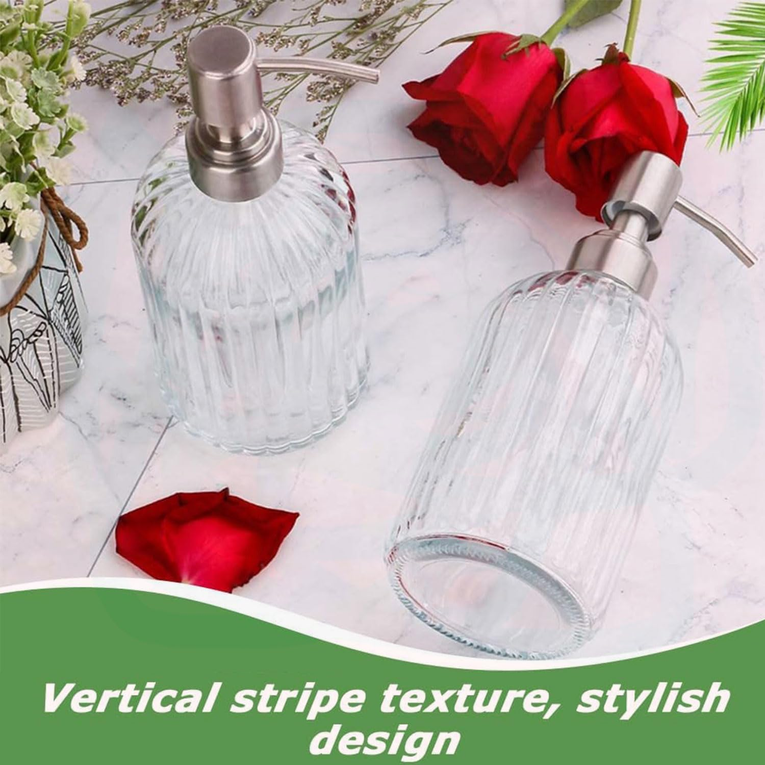 YIRANJIA 2-Pack 18 Oz Glass Soap Dispenser with Rust-Proof Stainless Steel Pump - Refillable Vertical Stripe Design for Kitchen & Bathroom image number 4