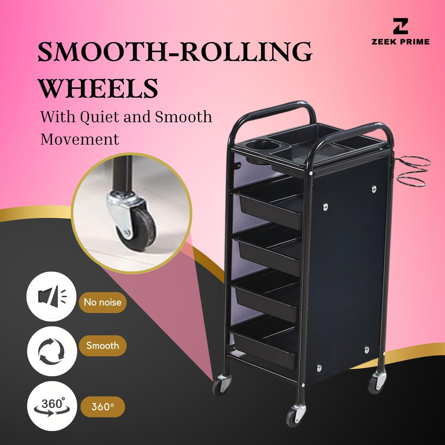 ZEEK PRIME - Hairdressing Trolley with 5 Layers &ndash; Rolling Salon Cart Organizer with Metal Frame, Lockable Wheels & Deep Storage Trays | Black Mobile Beauty Station for Hair Stylists, Barbers. image number 3