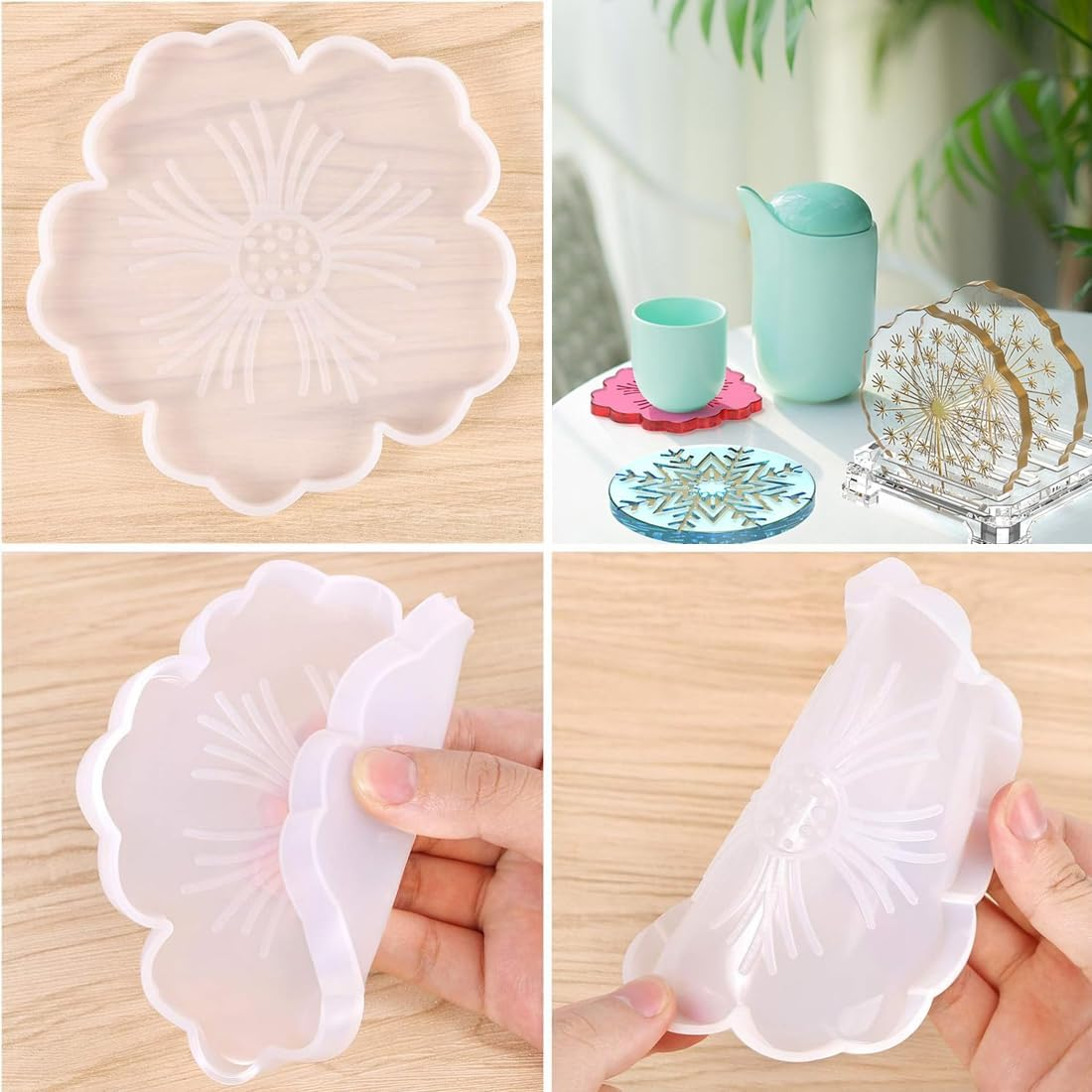 4PCS Coaster Resin Moulds Silicone Dandelion Snowflake Sakura Coaster Moulds with Holder Molds for Epoxy Resin DIY Art Craft Cup Mats image number 1