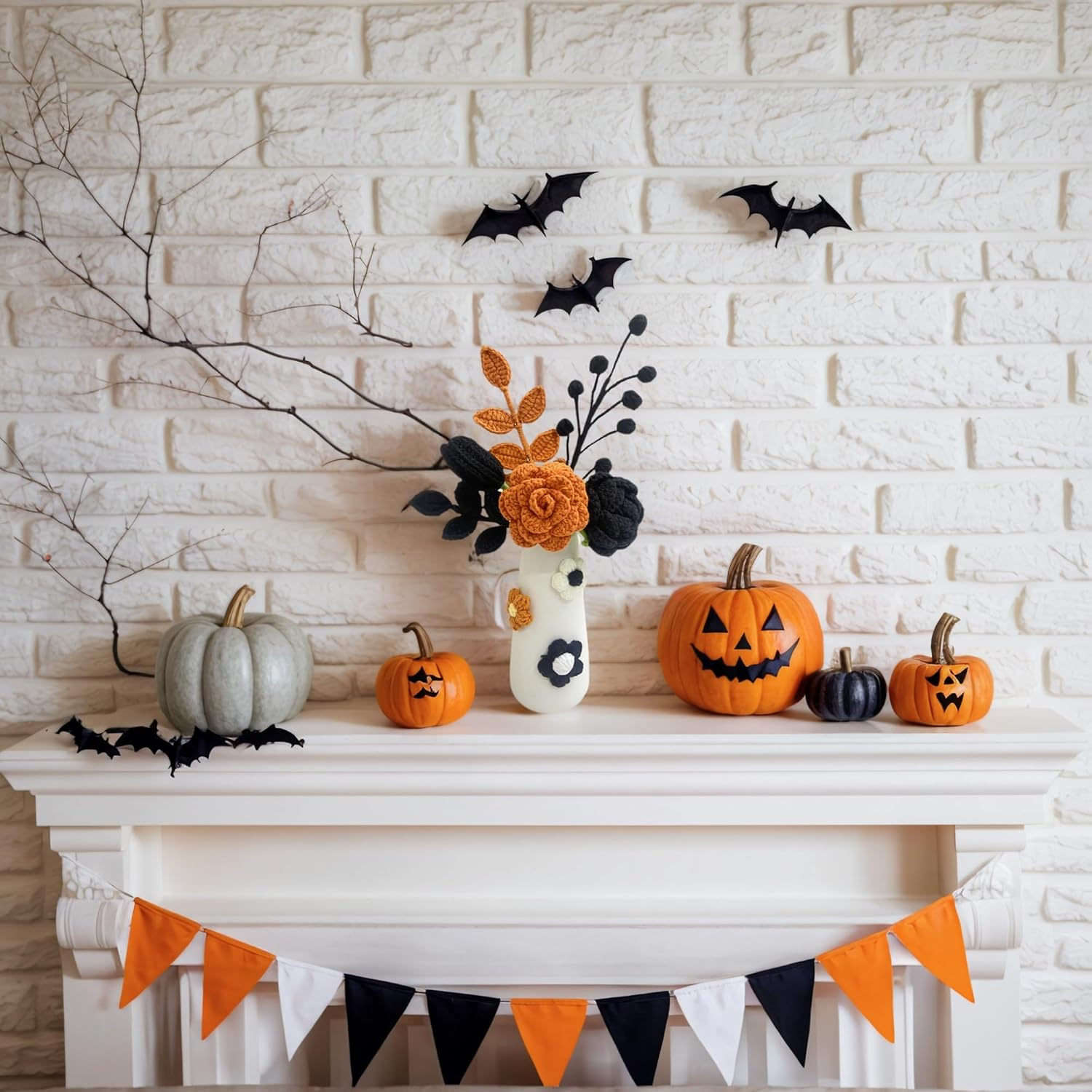 Noristyle Halloween Bouquet Crochet Flowers with Vase for Halloween Decorations Indoor, Black Orange Handmade Crochet Flowers for Home Office Desk Decor Table Centerpiece (Black) image number 5