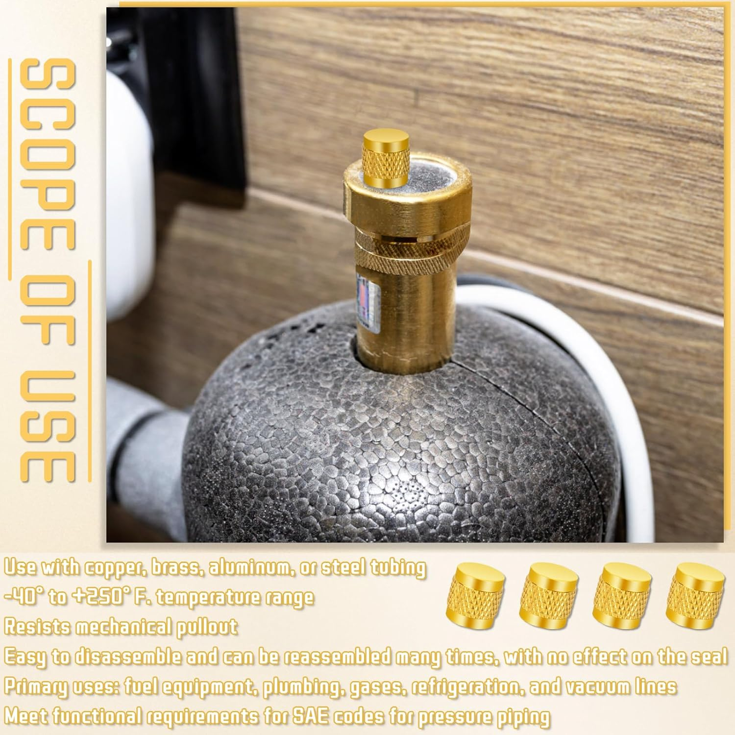 25 PCS 1/4 Flare Caps, Brass Valve Caps HVAC, round Brass Cap, Metal Valve Stem Caps for Air Conditioning Industry Tubing (Gold) image number 5