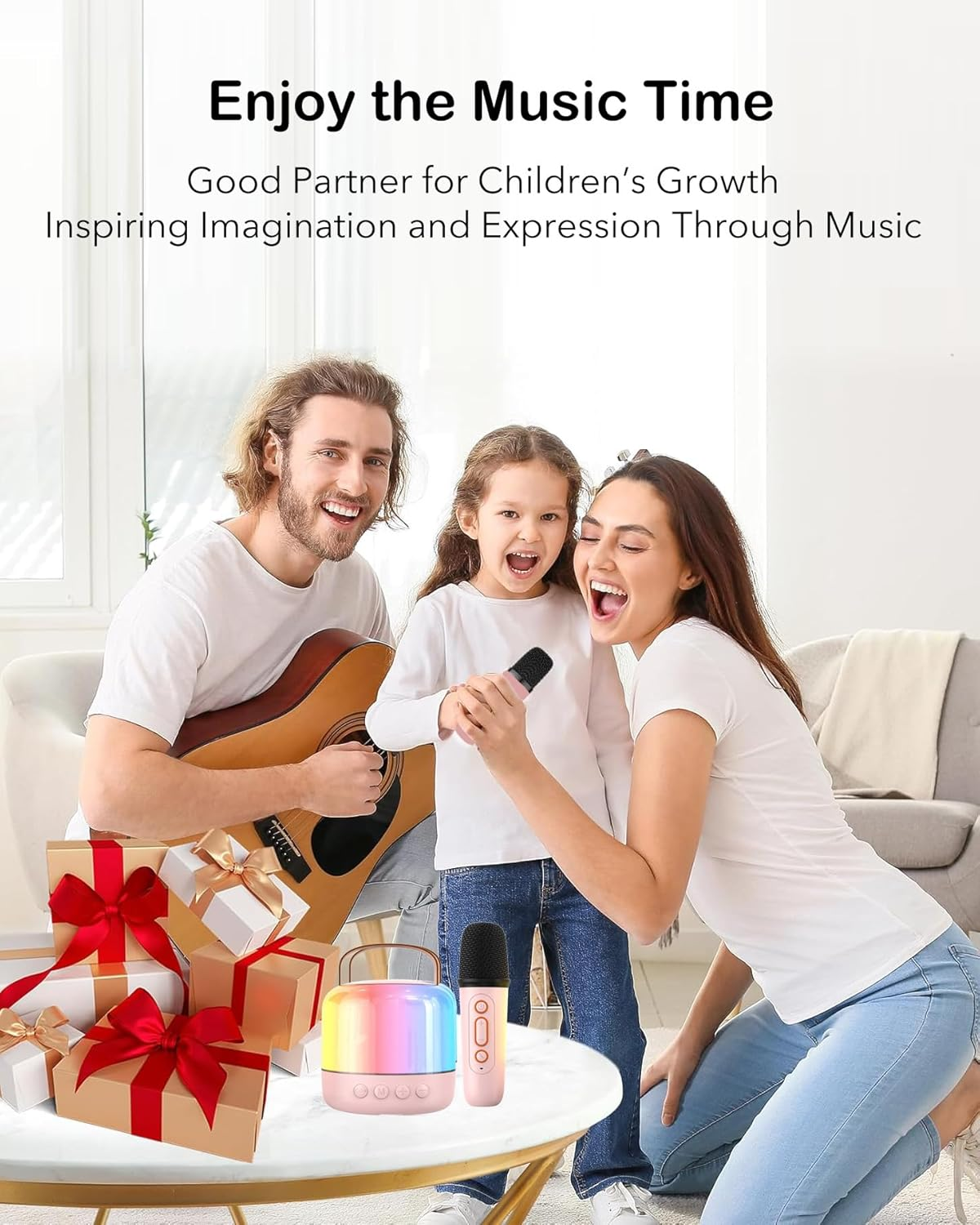 Karaoke Machine with 2 Microphones, Portable Bluetooth Karaoke Machine for Children Adults with Voice Changing Effects & LED Lights Boys Girls Gifts Toy (Pink) image number 4