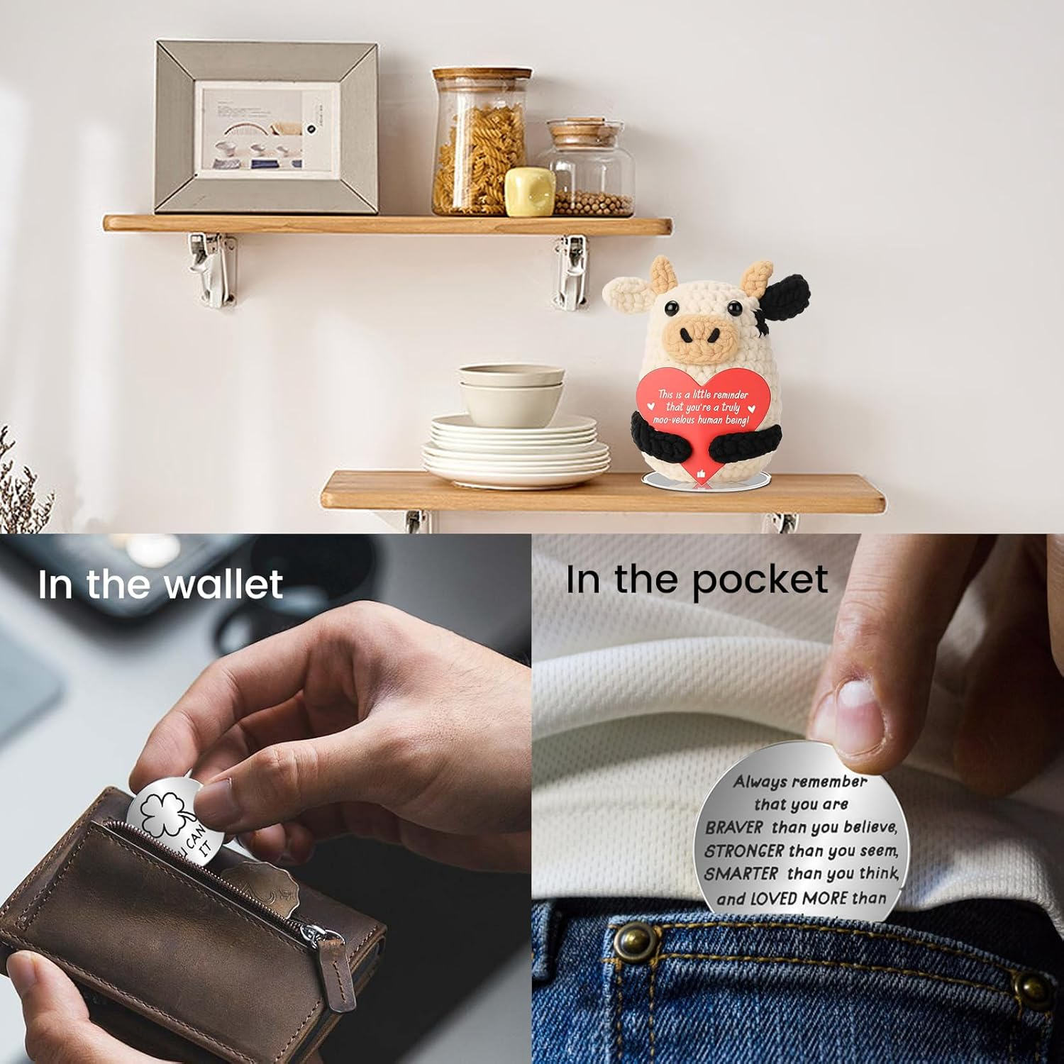 SZMDLX Positive Crochet Animals, Pocket Hug Positive Cow with Inspirational Cards in Gift Box, Emotional Support Good Luck Gifts for Women, Lucky Charm for Birthdays, Office & Home Desk Decor image number 4