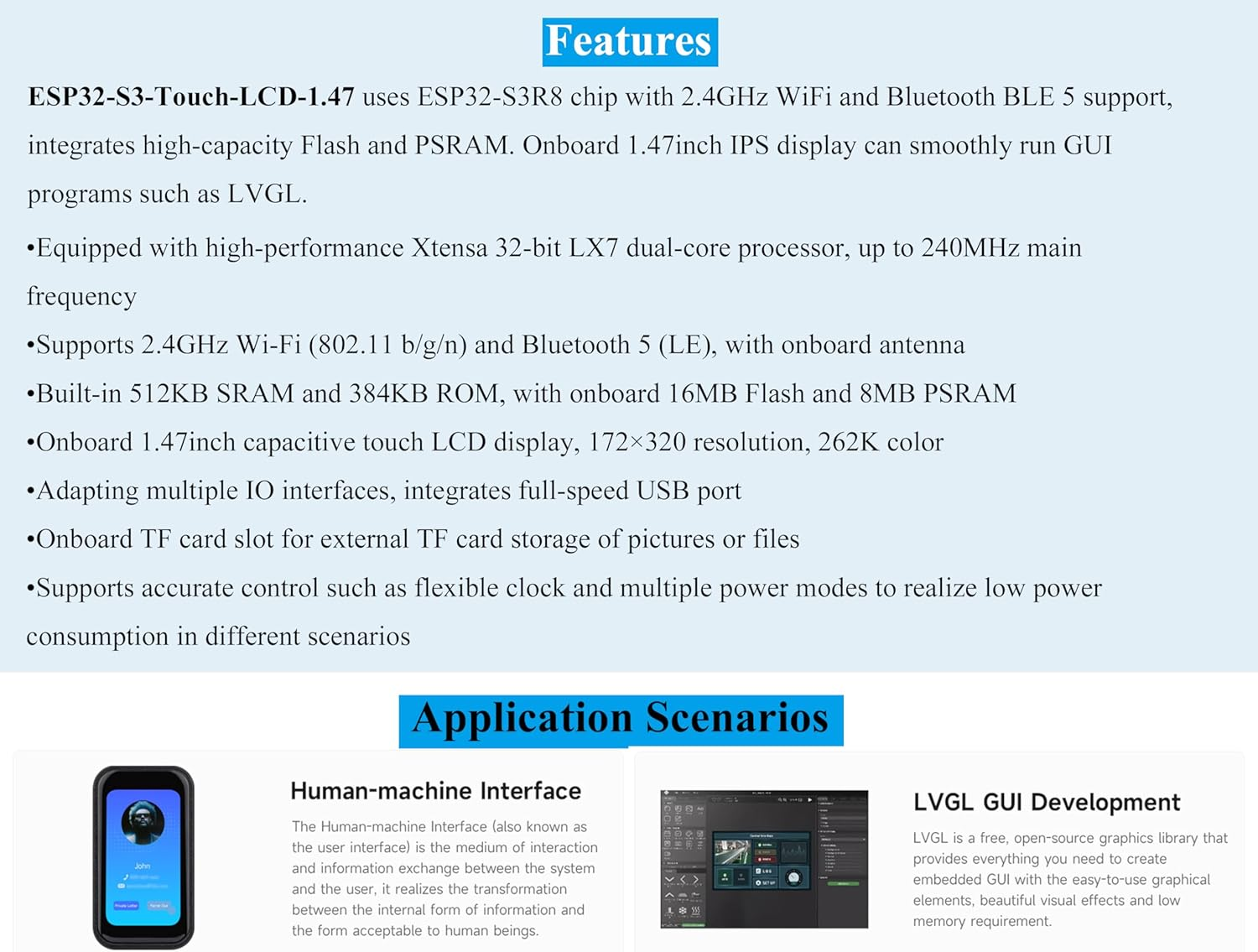 ESP32-S3 1.47Inch Touch Display Development Board, 172X320 Resolution IPS LCD, 262K Display Color, Supports 2.4Ghz W-F-I/Ble 5, 240Mhz LX7 Dual-Core Processor, Type-C, with Pre-Soldered Header